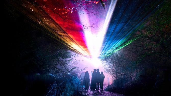 Multicoloured lasers of light break through trees in a woodland. A group of people are silhouetted in the foreground.