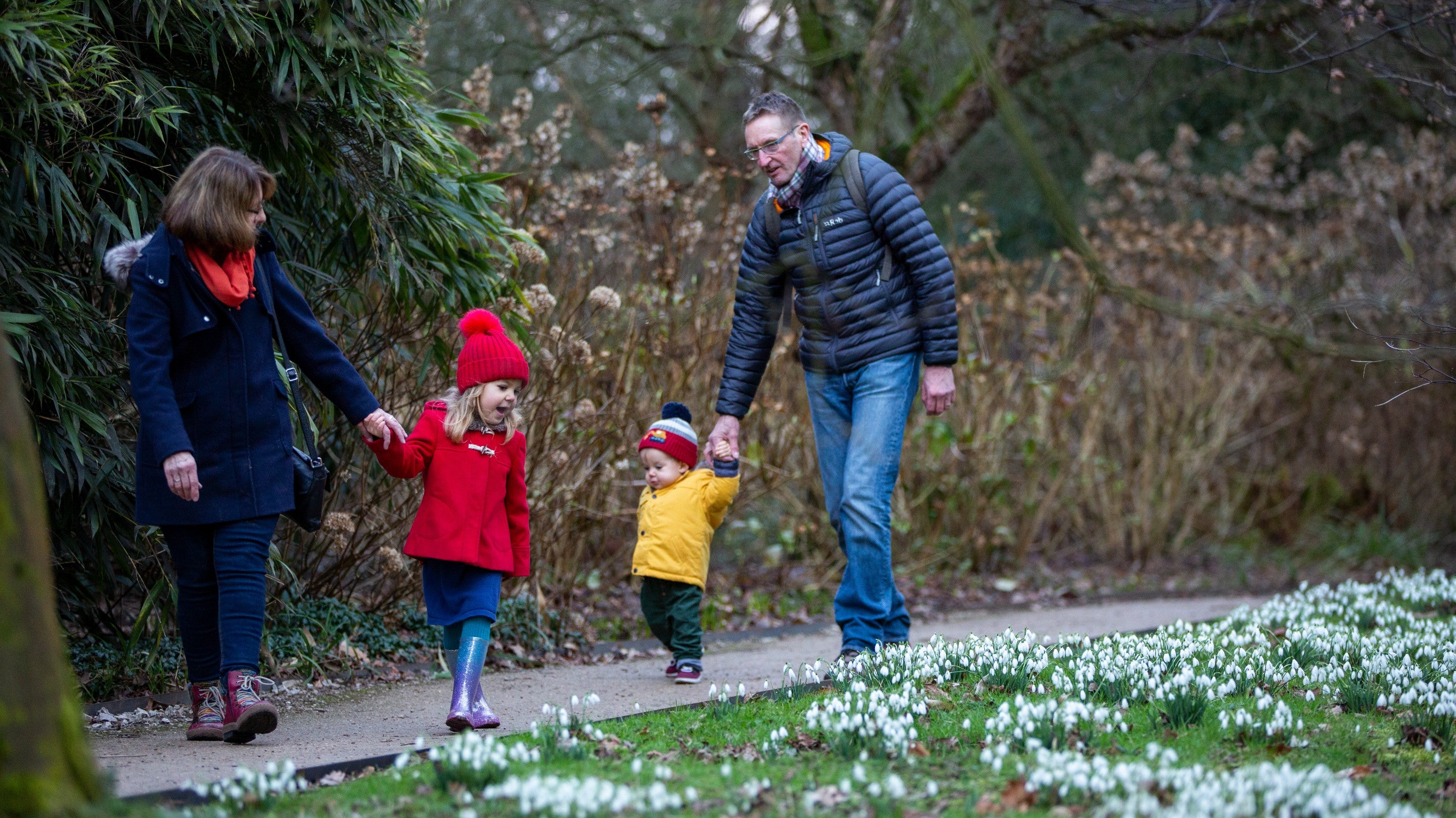 Visitors walking along a path in the Winter Gardenat Dunham Massey, Cheshire