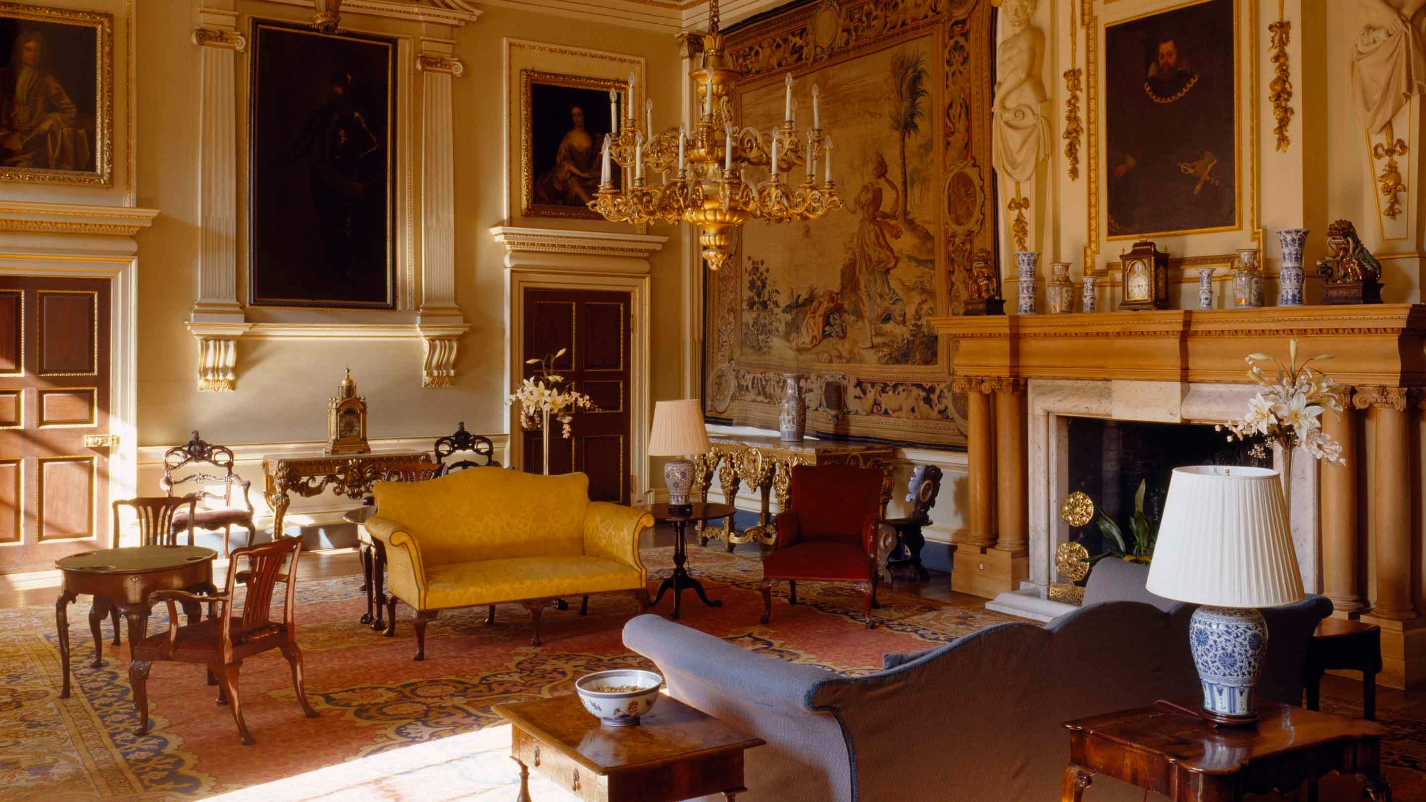 The Entrance Hall at Lyme Park, looking toward the corner. It was created by Leoni from the old Great Hall in the C18th. the chimneypiece was inserted by Joubert in 1903.