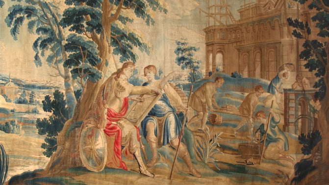 Two men making plans to built the city of Thebes depicted on a woven tapestry.