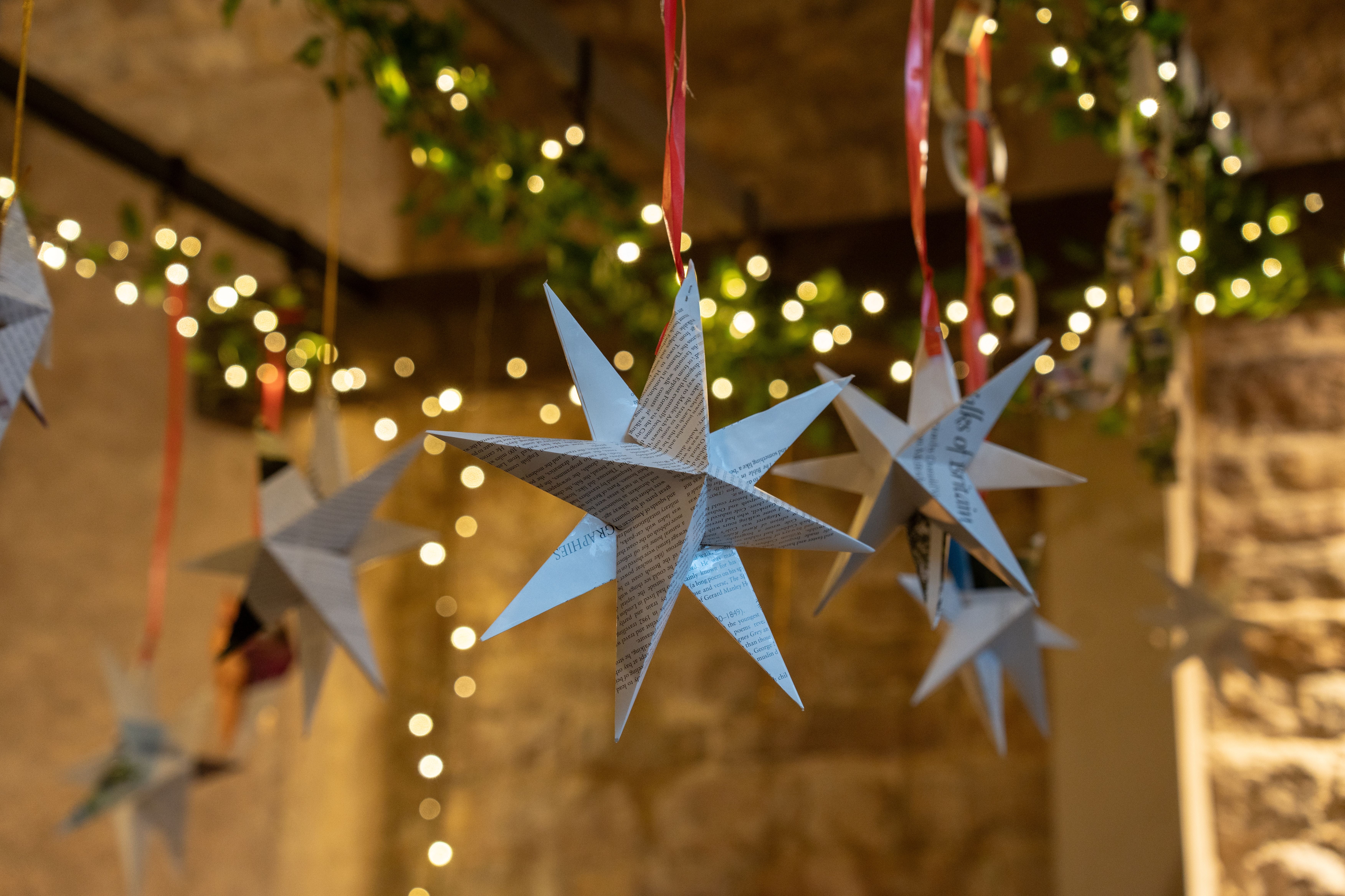 Christmas decorations in the secondhand bookshop at Lyme, Cheshire