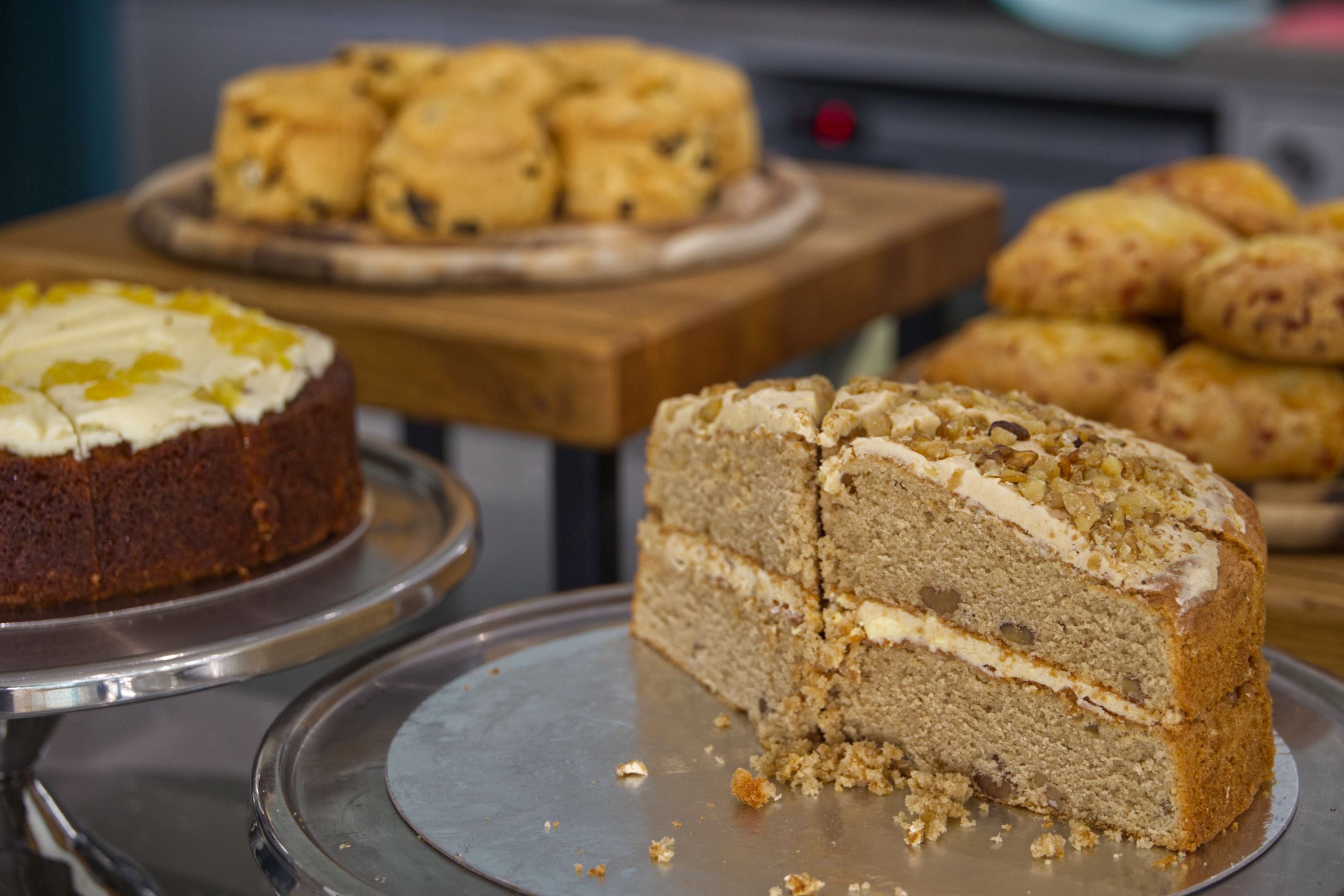Cakes on display in the café