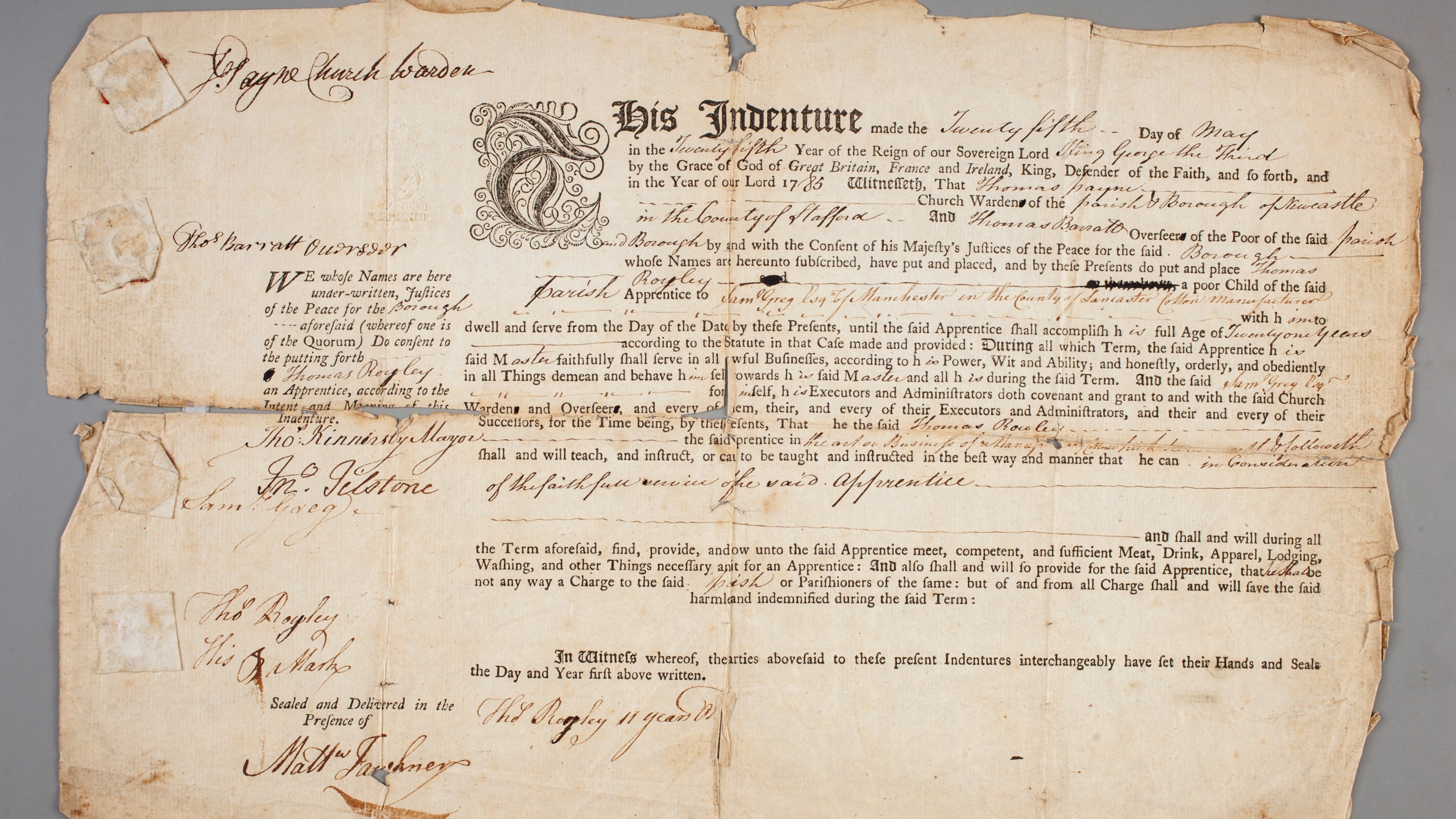 A piece of paper from 1785 showing the indenture of a child worker to Quarry Bank
