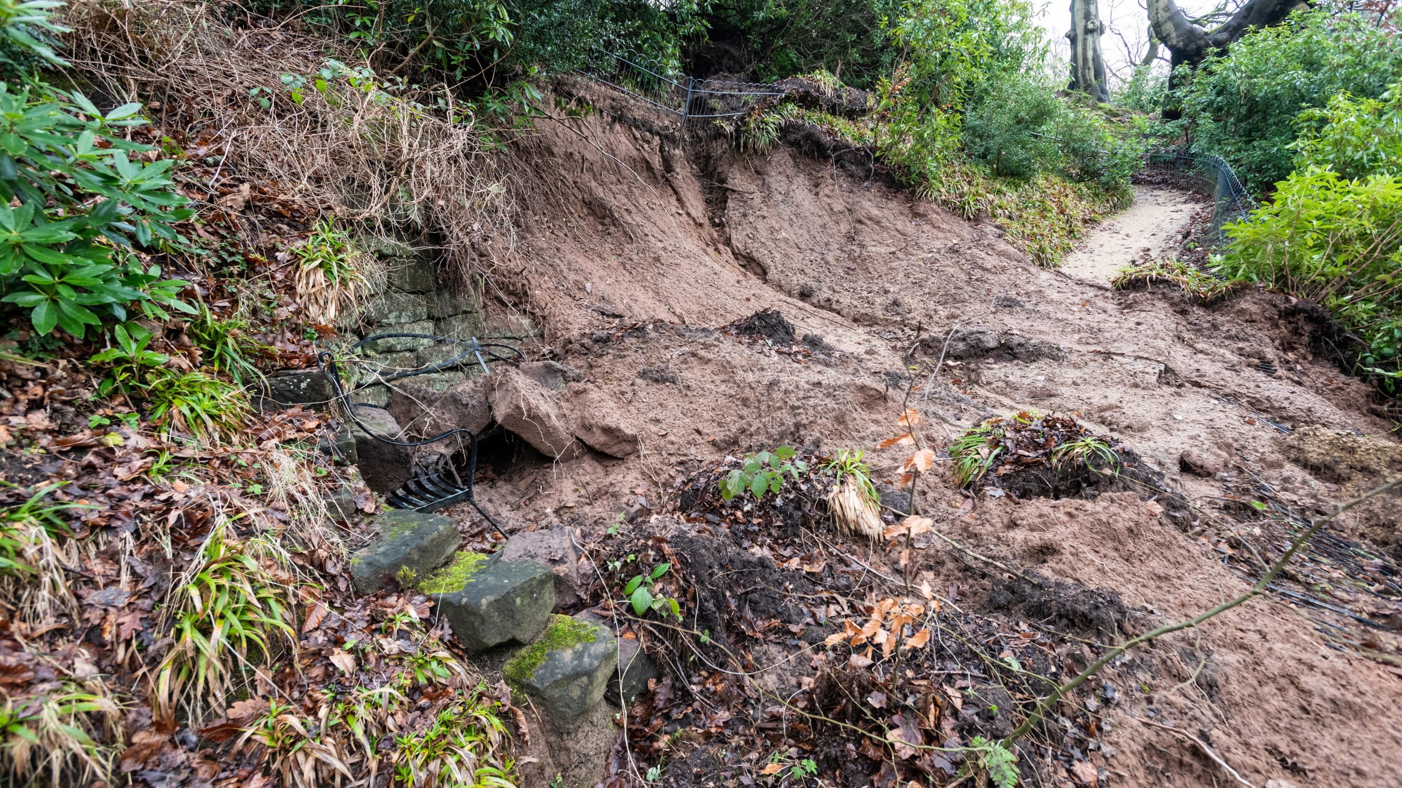 Close up of the landslide in the gardens at Quarry Bank