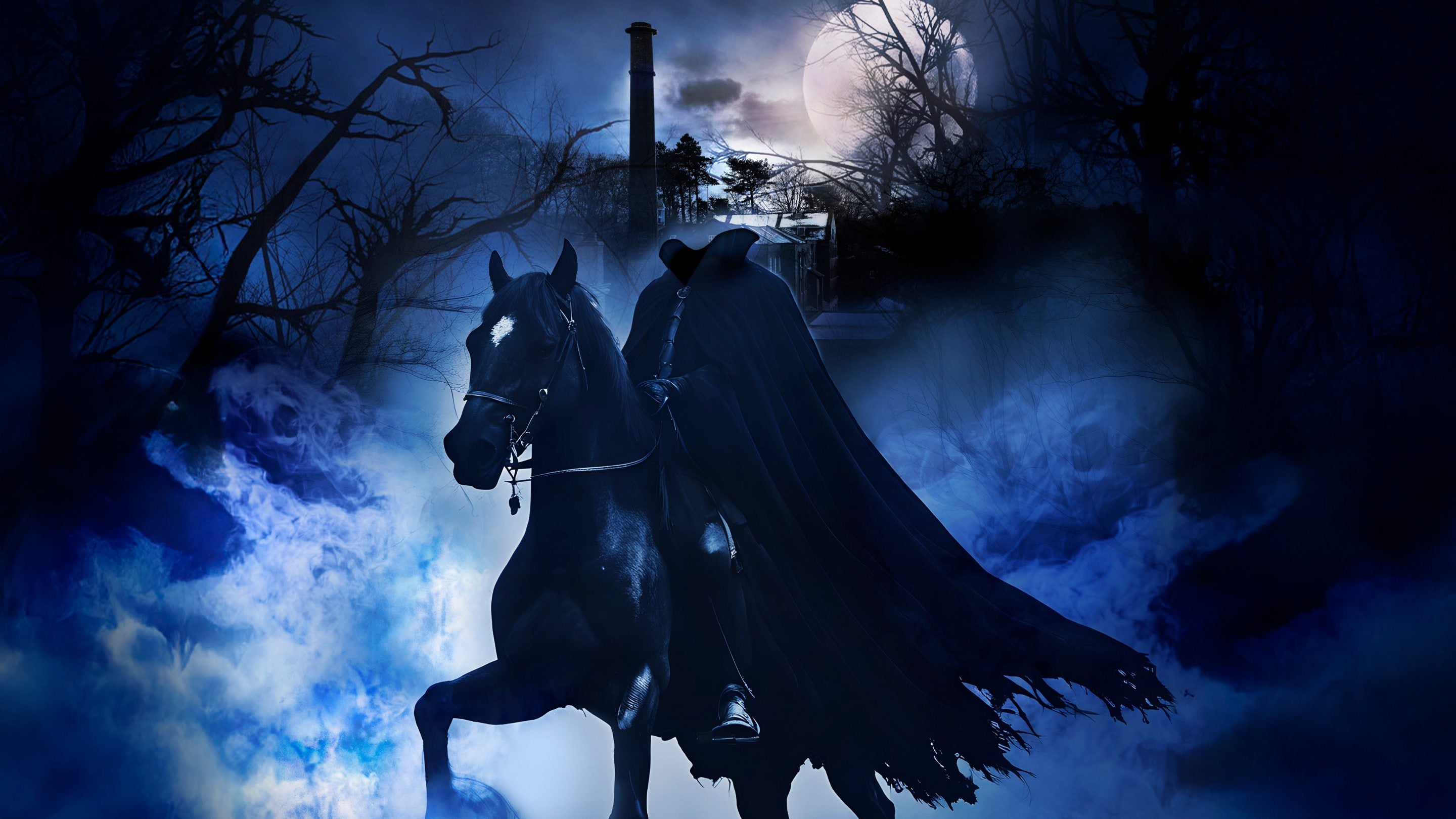 Cloaked headless figure sat on a black horse, with a mill chimney and smoke in the background