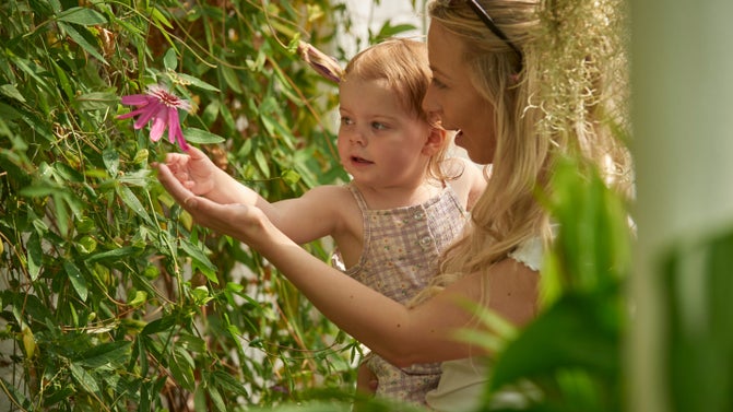 Mother and daughter looking at exotic flowers in the large glasshouse