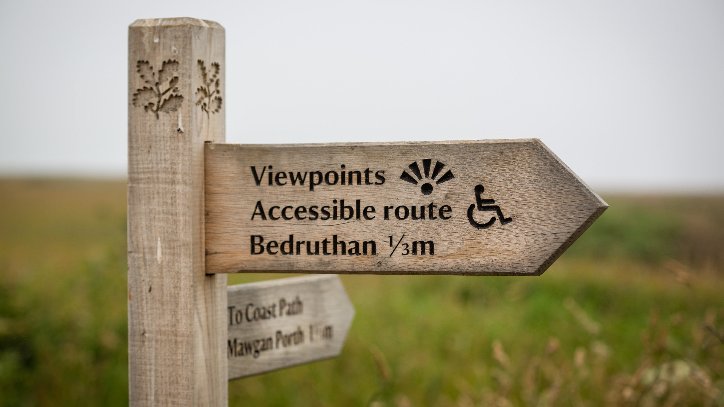 A fingerpost showing the way to the accessible paths at Carnewas at Bedruthan, Cornwall