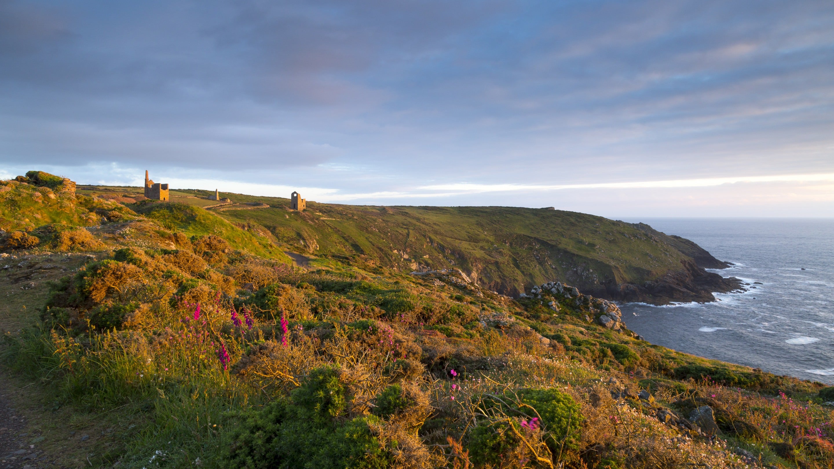 A view of the ruined engine houses, Wheal Edward and Wheal Owles, in the distance, along the coastline at Botallack, Cornwall