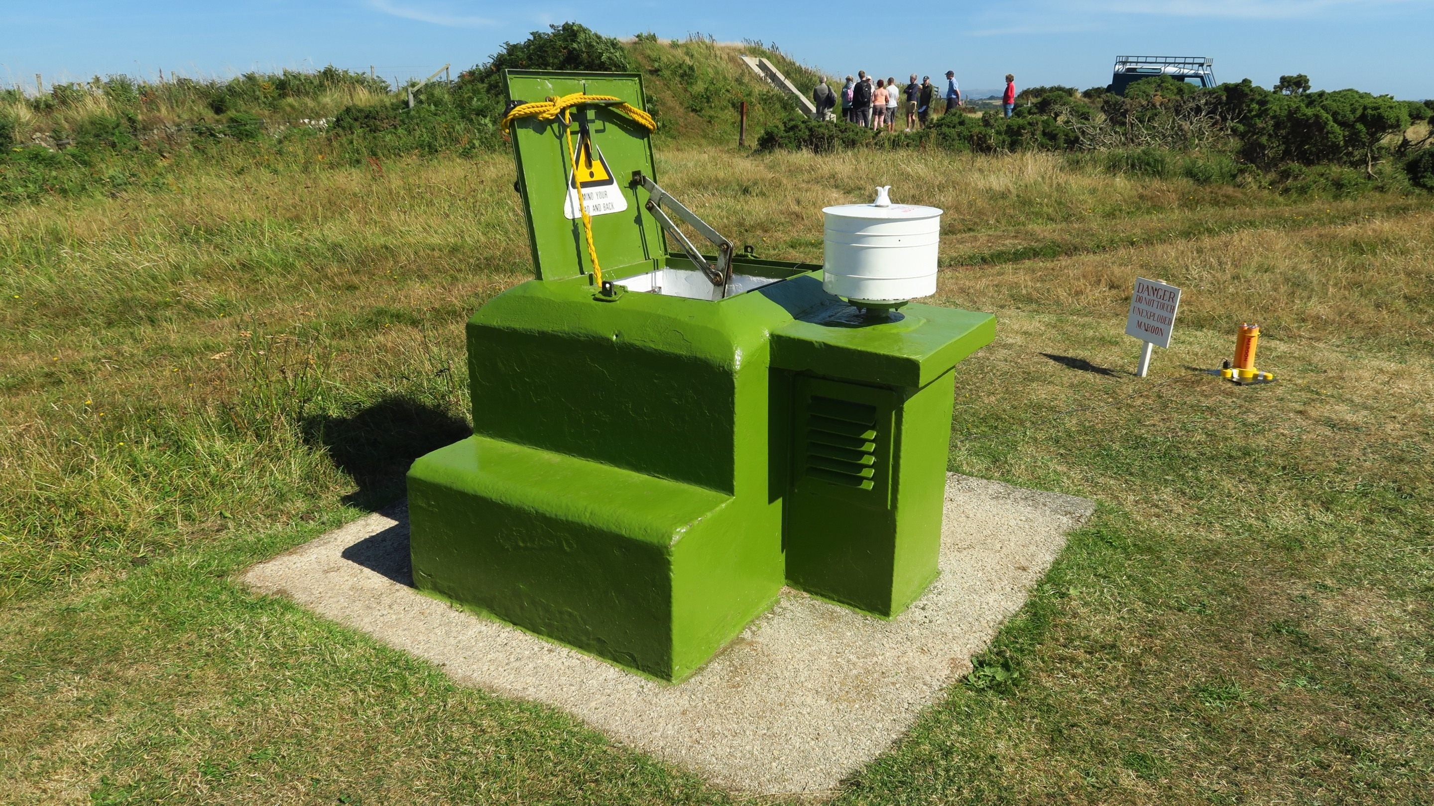 Looking across Nare Head near Veryan in Cornwall with the nuclear bunker hatches in the foreground