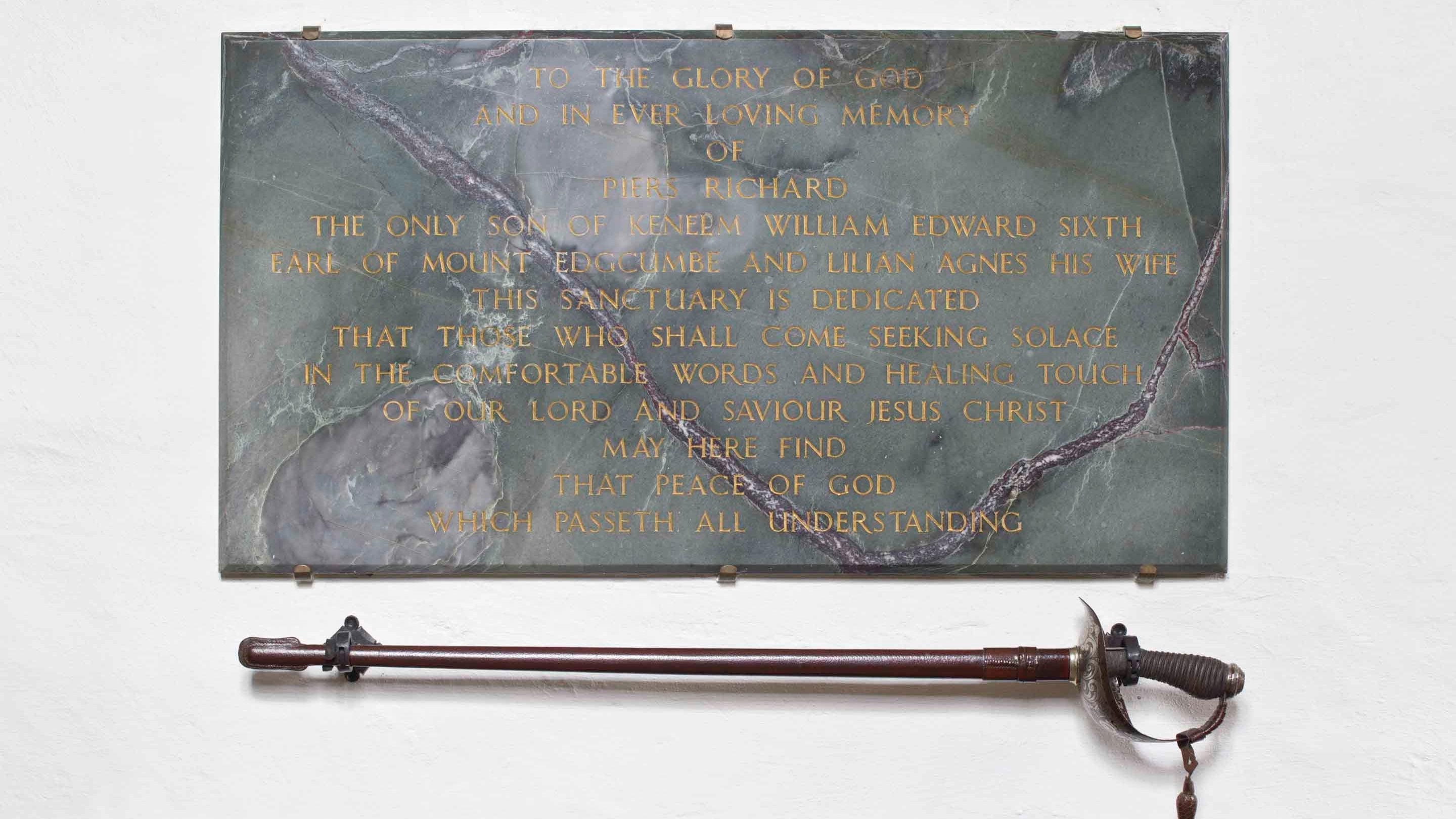 Piers Edgcumbe's sword and memorial plaque at Cotehele, Cornwall