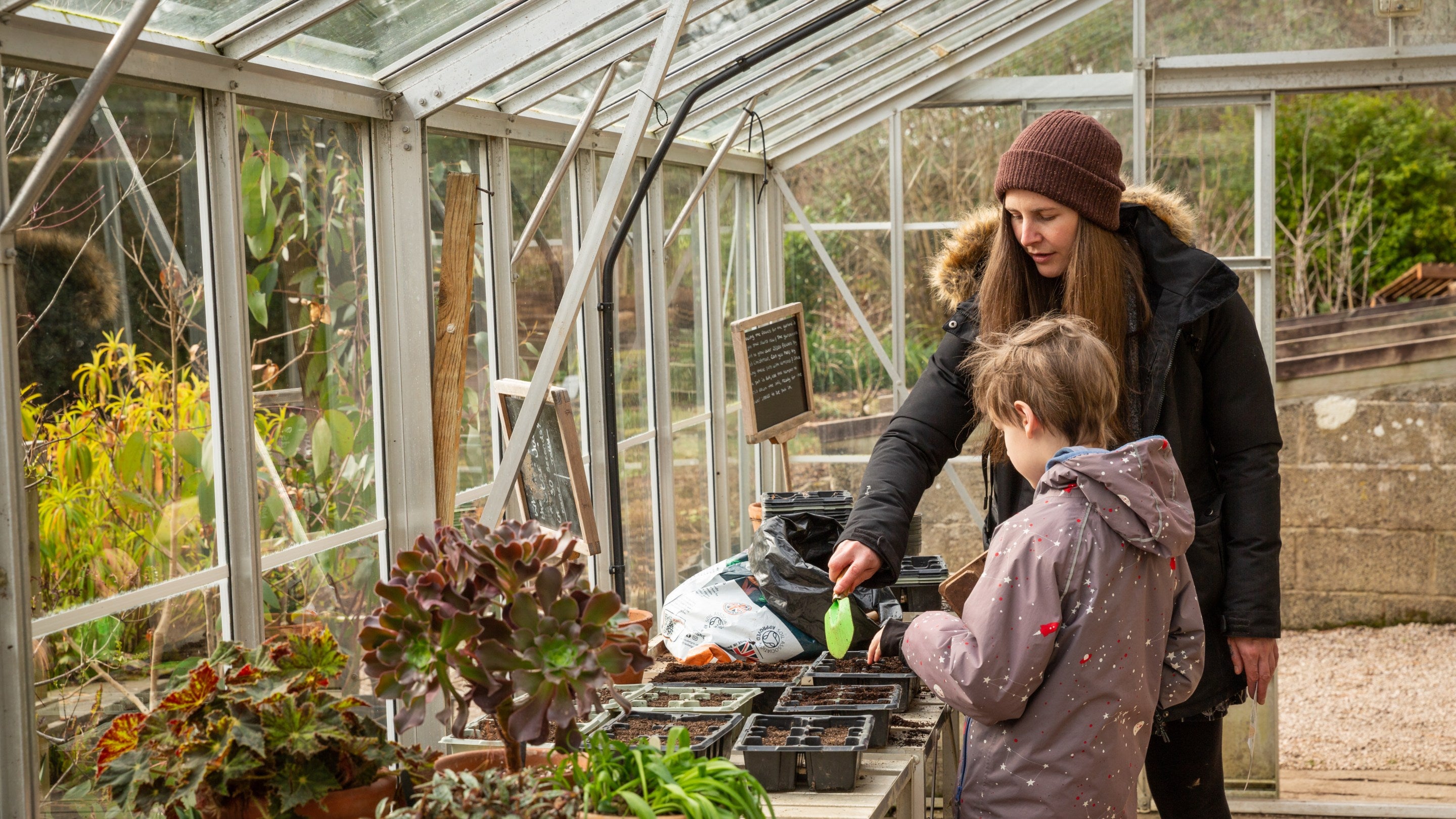 Family within the glass house completing an activity at Cotehele, Cornwall