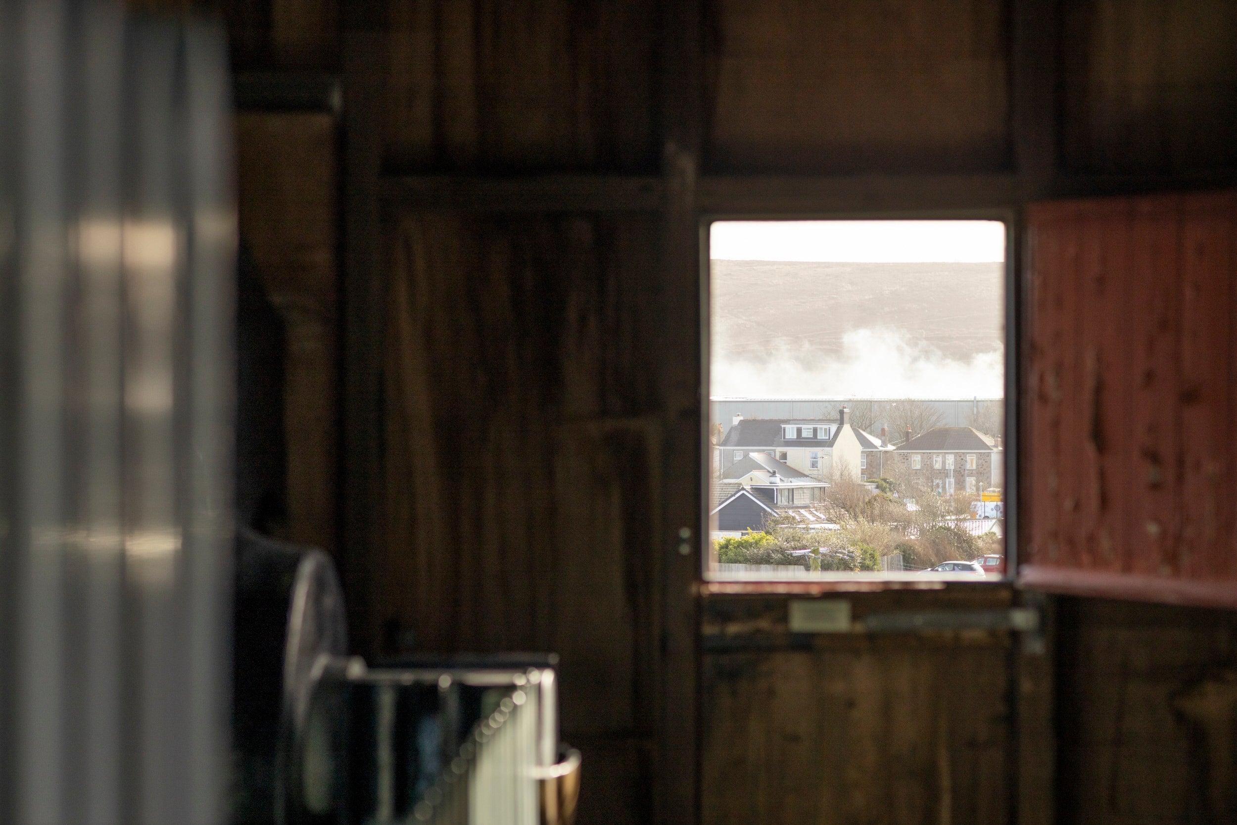 View through window of Taylor's Engine House at East Pool Mine at Pool, near Redruth, Cornwall.