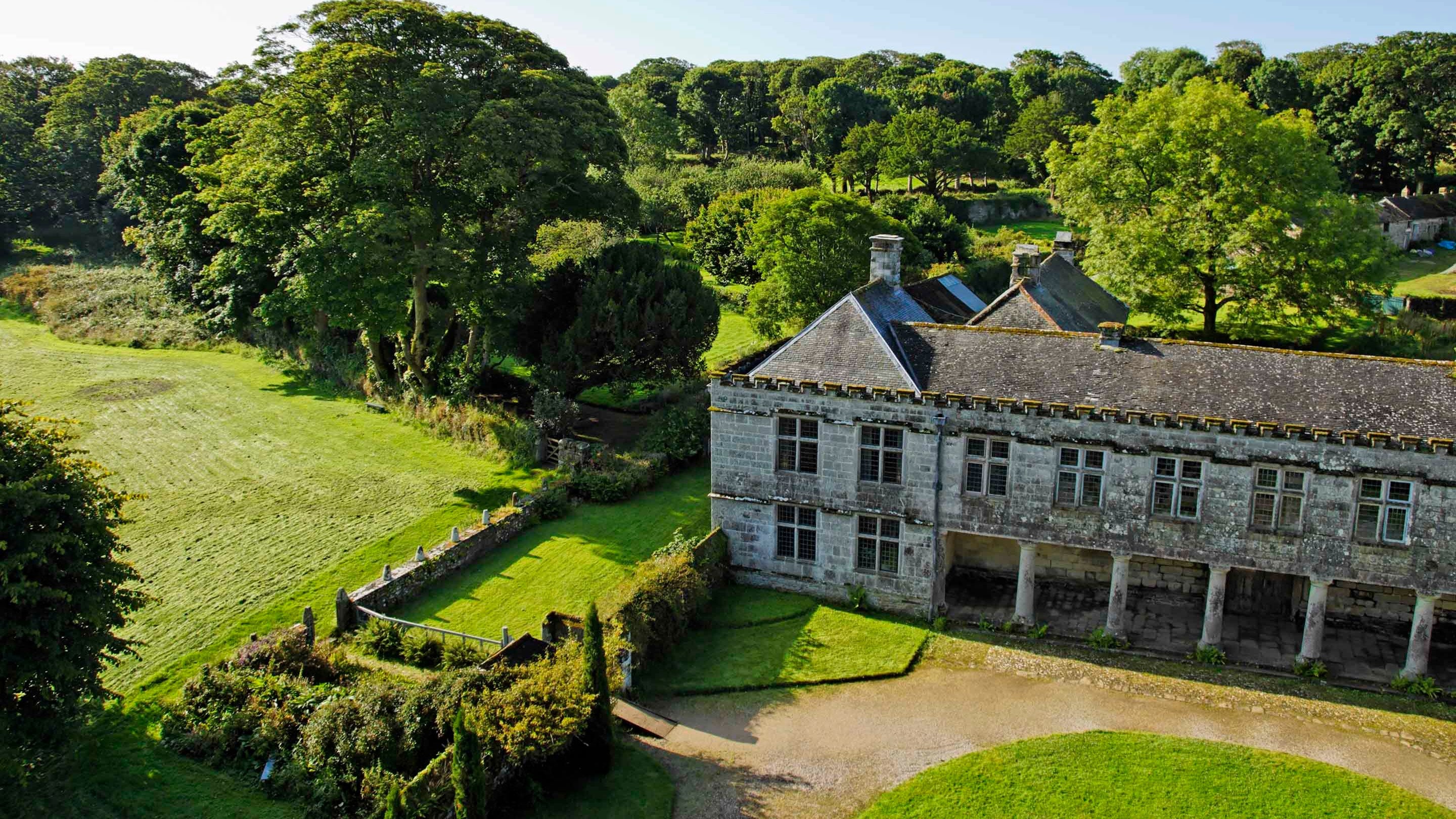 An aerial view of Godolphin House and the surrounding estate, in Cornwal