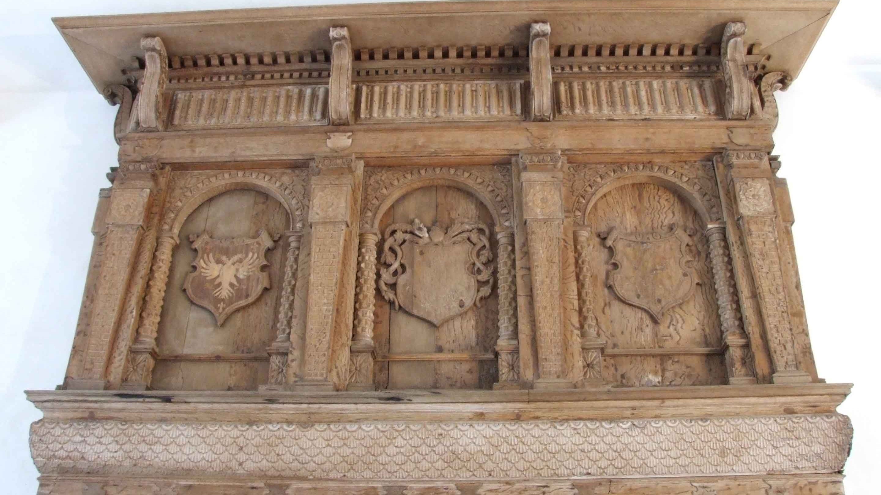 The details of a chimneypiece commemorating the marriage of William Godolphin and Thomasine Sidney in 1604, found in the King's Room at Godolphin