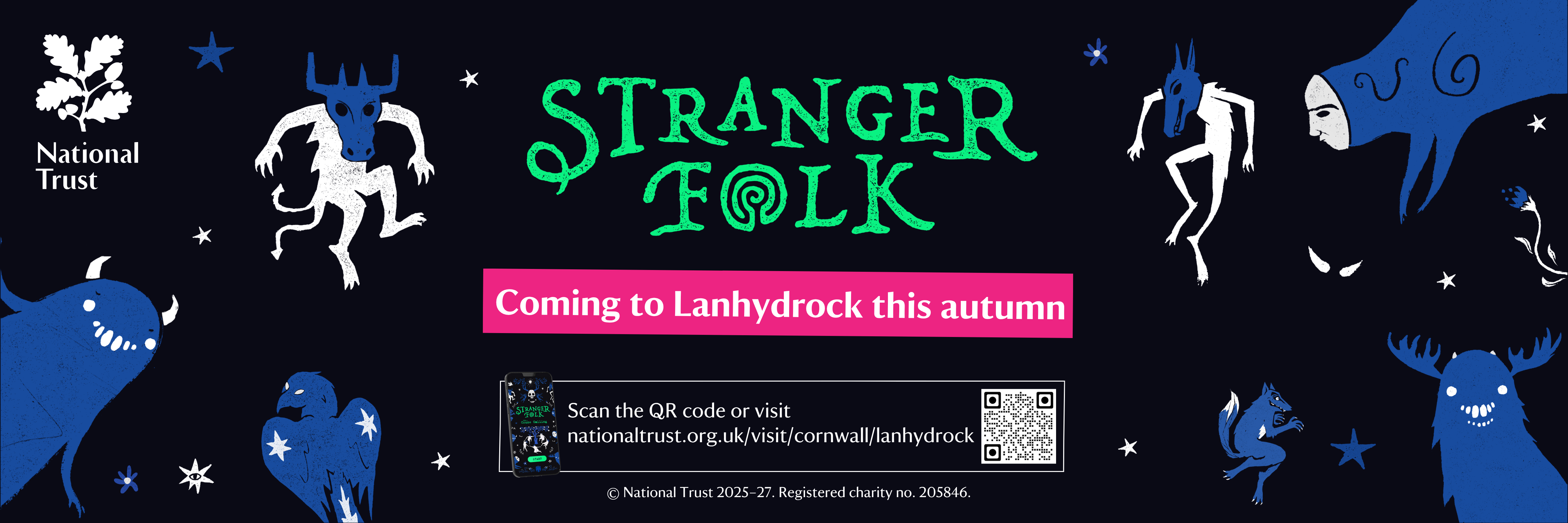 Promotional illustrated banner for the Stranger Folk app at Lanhydrock