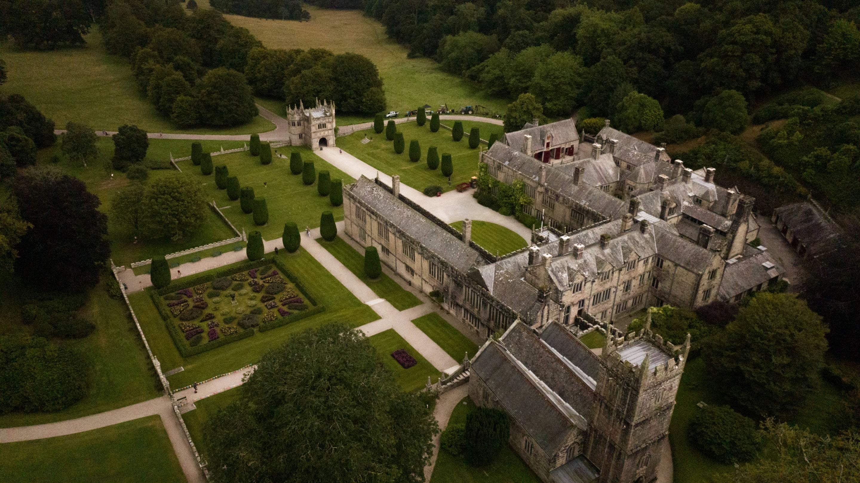 Drone shot of Lanhydrock house and Parterre