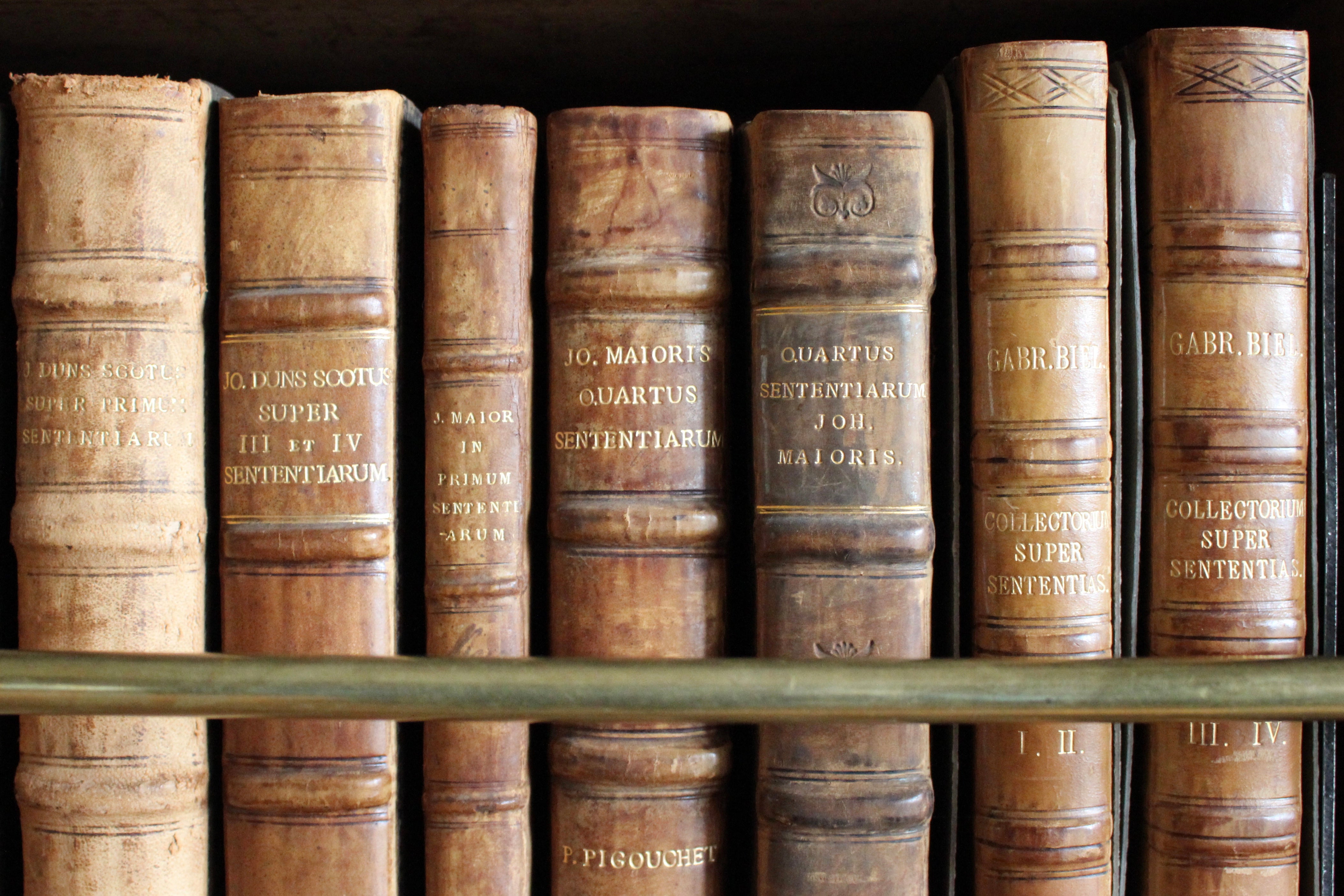 A row of historic leather-bound books displayed on a wooden shelf, with worn spines and gold lettering showing signs of age and use.