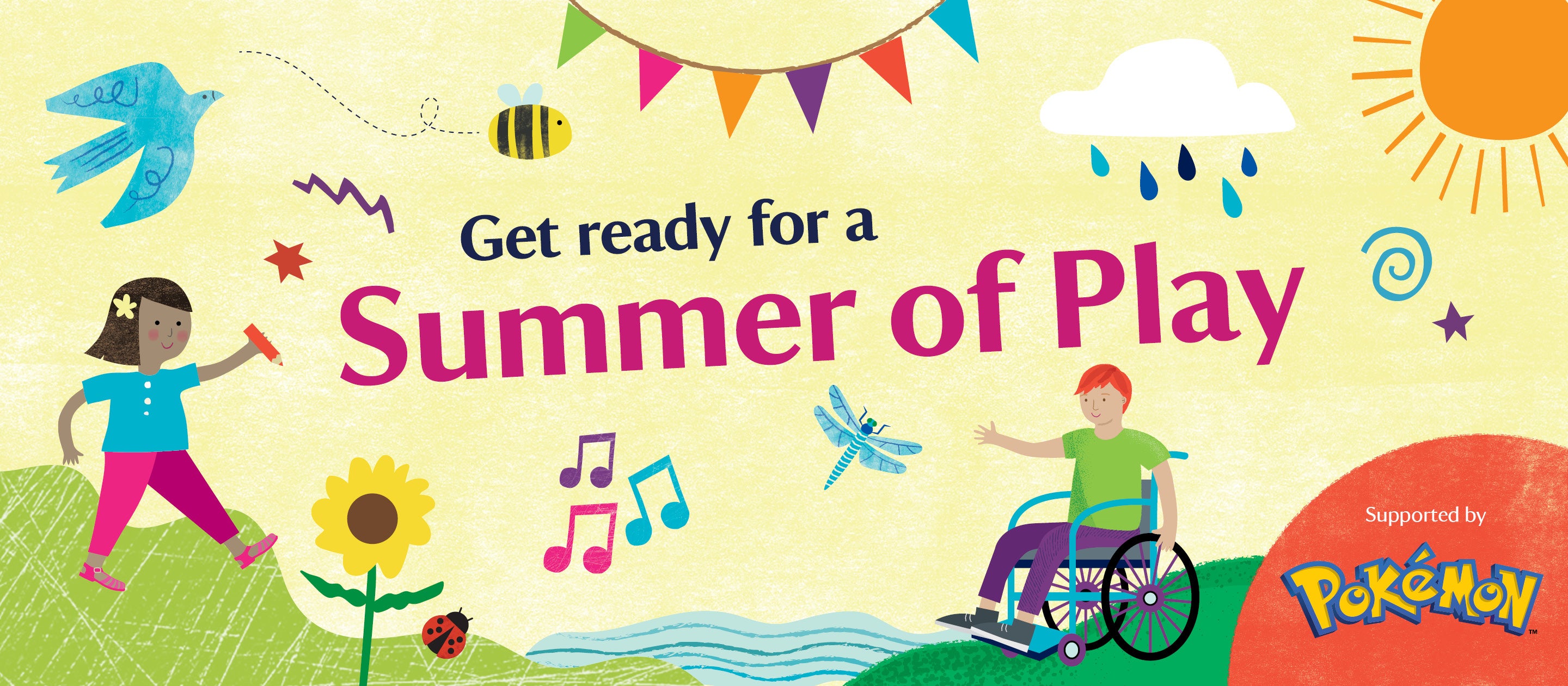Illustrated banner promoting Summer of Play at Lanhydrock, featuring children playing outdoors, colourful bunting, sunshine, wildlife and nature icons, with the text 'Get ready for a Summer of Play' and the Pokémon logo.