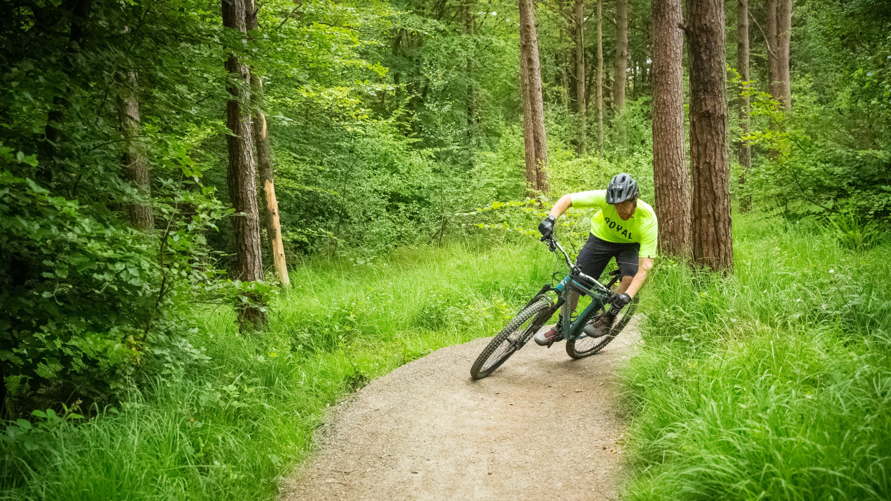 Visitor exploring the wooded cycle trails on a bicycle at Lanhydrock, Cornwall