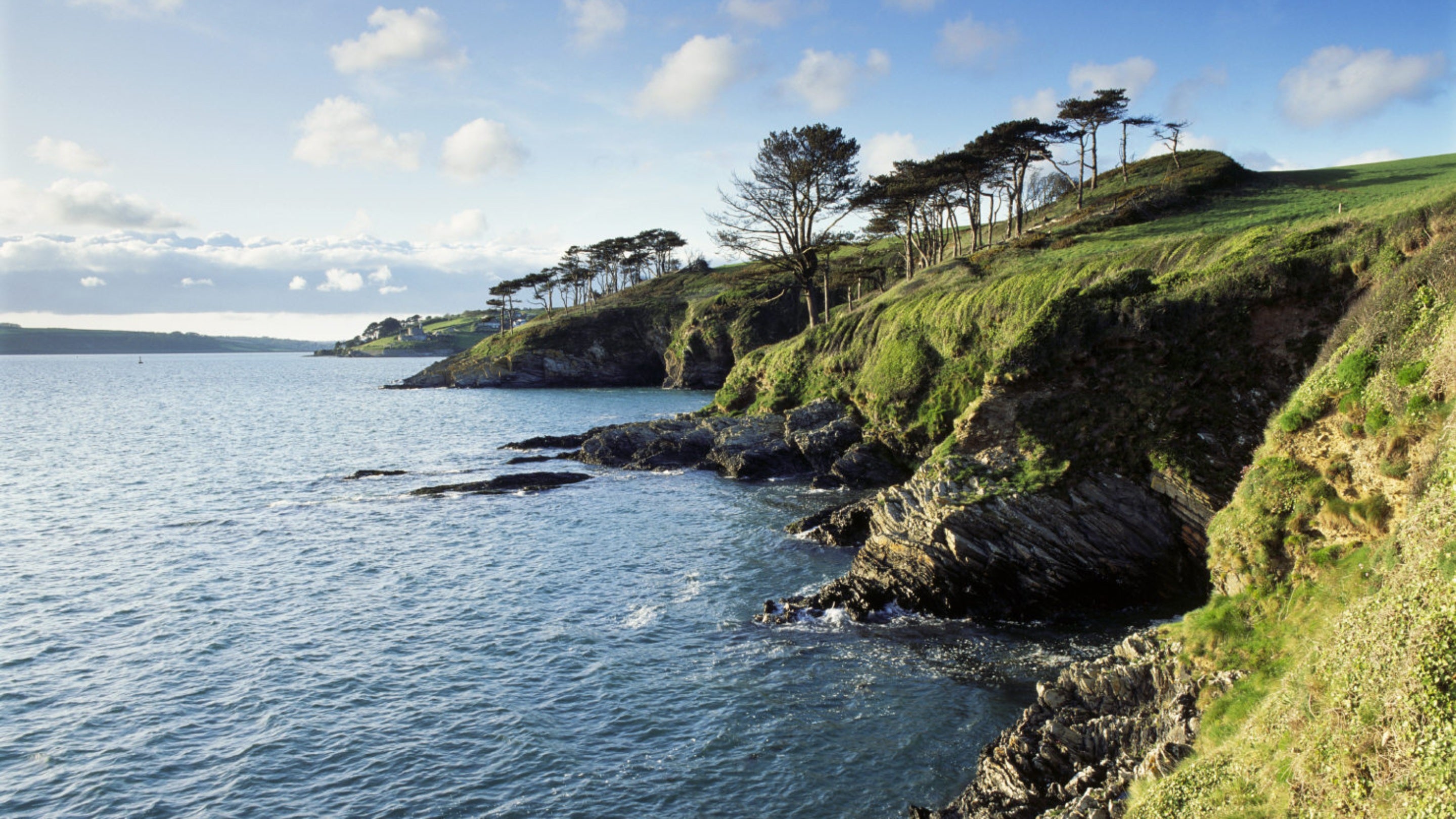 A beautiful view along the cliff at St Anthony Head from above Great Molunan beach, near Falmouth. Grassland and trees cover the cliff top.