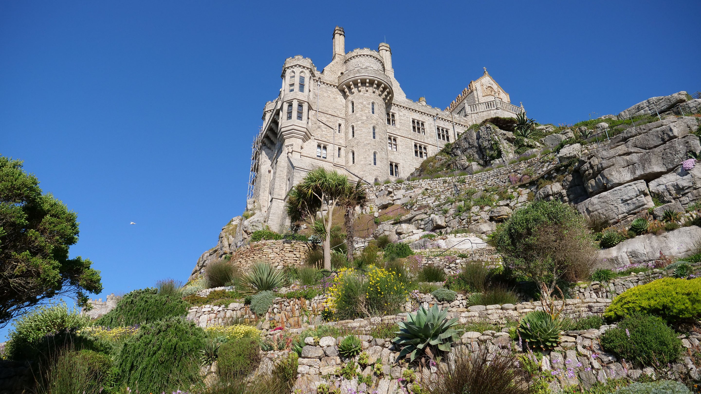 A view of the terraced gardens and medieval castle at St Michael's Mount, Cornwall