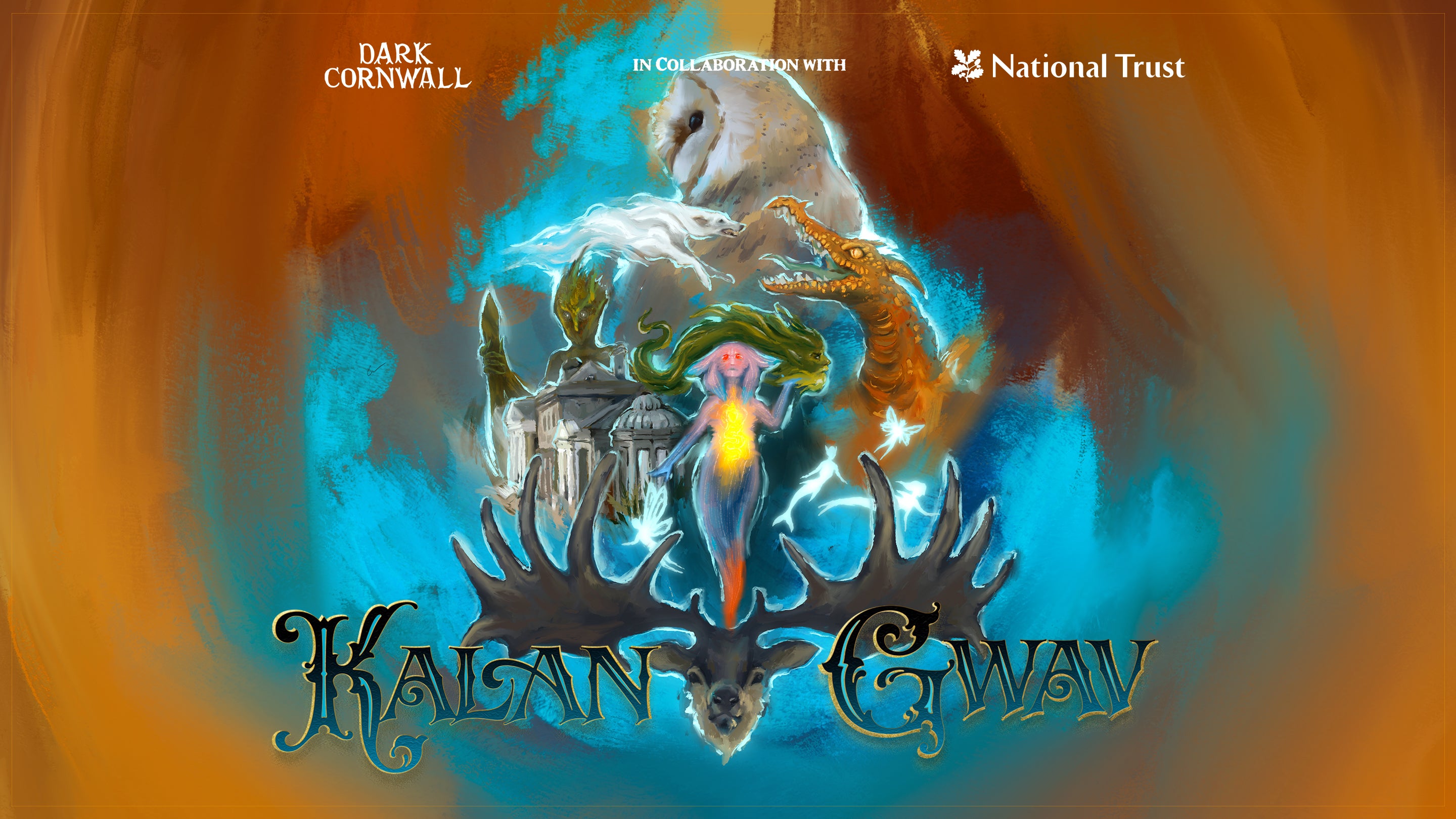 An illustration that shows some of the characters who'll be at this year's Kalan Gwav event including a dragon, Owlman, and sea fae.