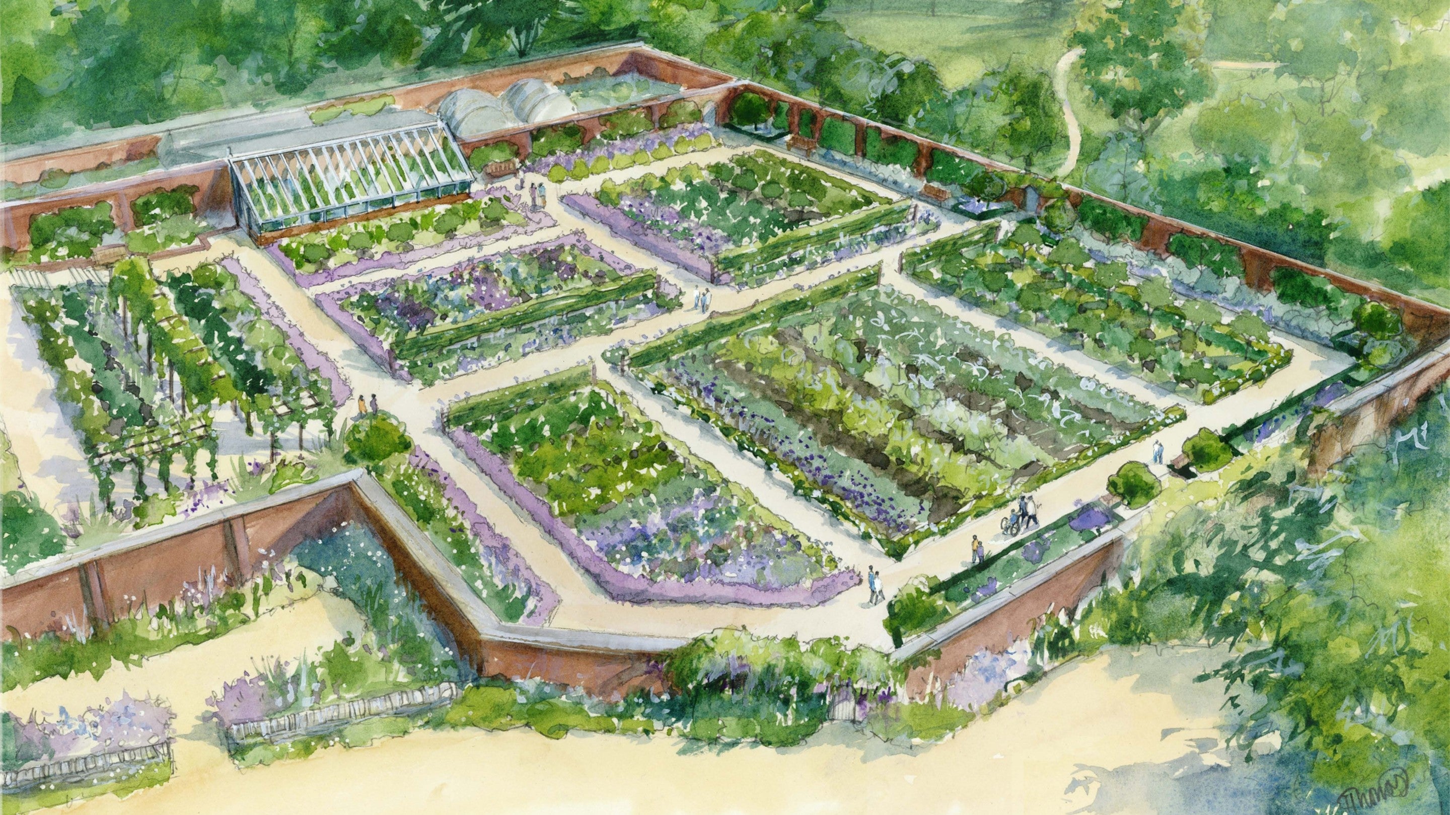 An aerial artist's impression of the restored walled garden at Trelissick