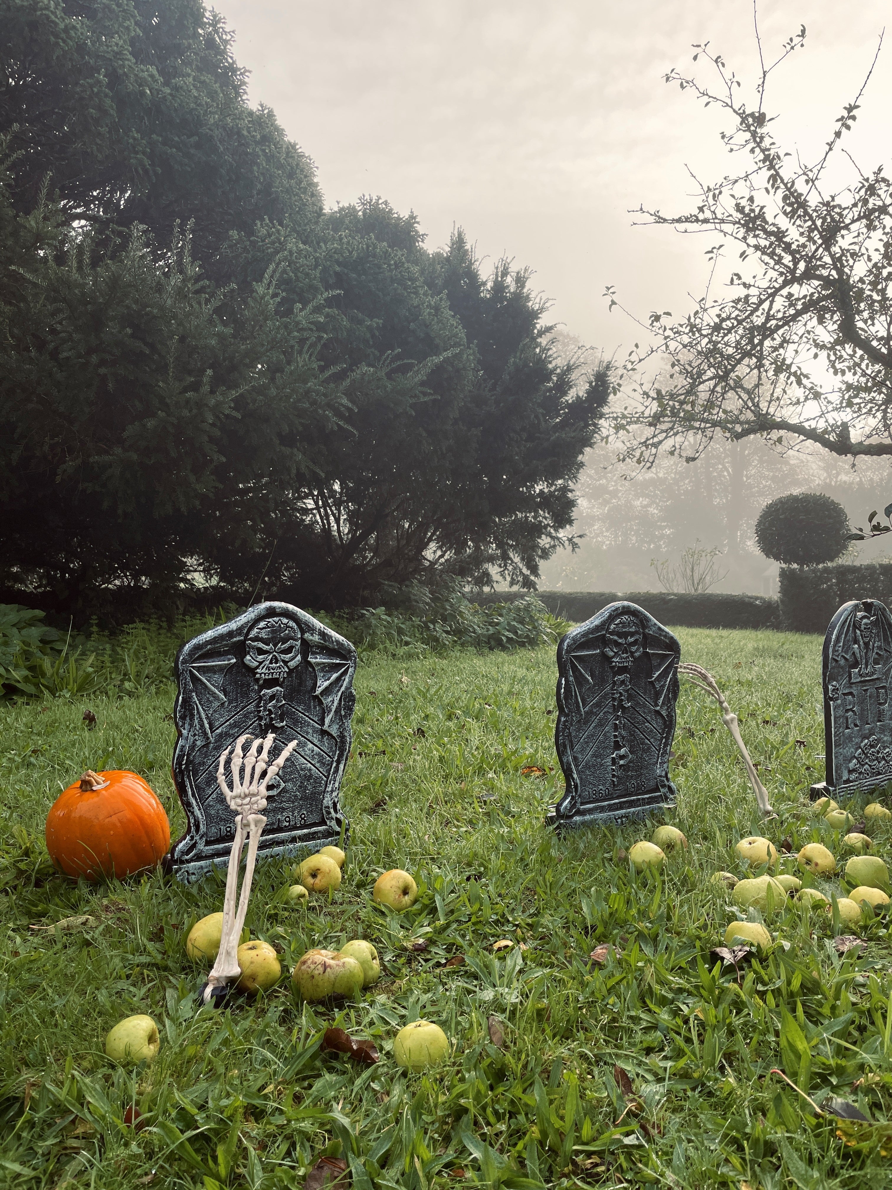 An image of Halloween decorations amongst the mist at Trerice, including grave stones and fake skeleton bones.