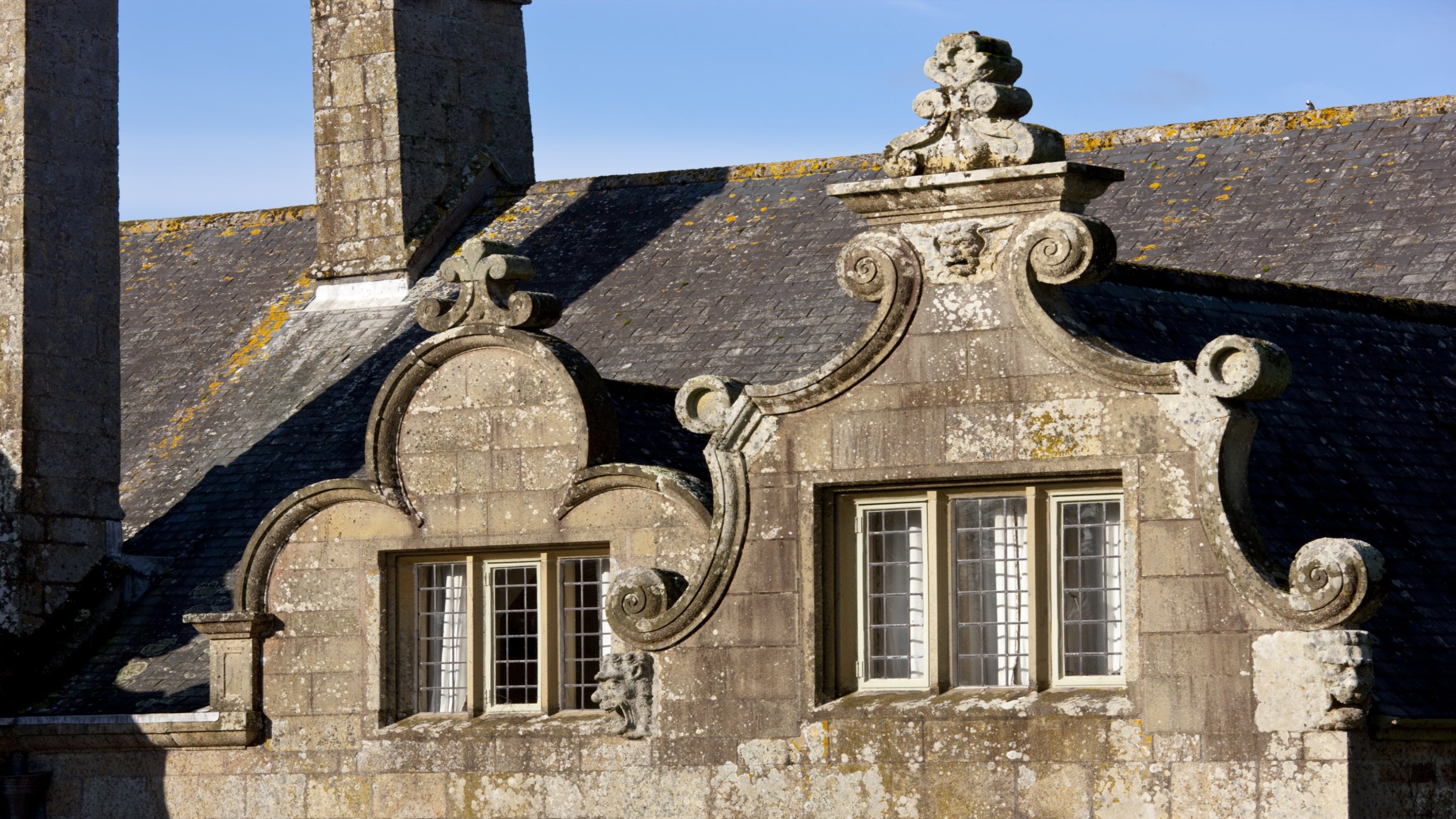 A close up view of the Dutch gables featured on the manor house, Trerice, Cornwall