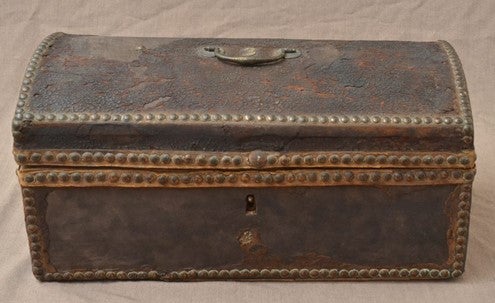 A small 18th century travelling trunk pictured after conservation, A la Ronde, Devon.