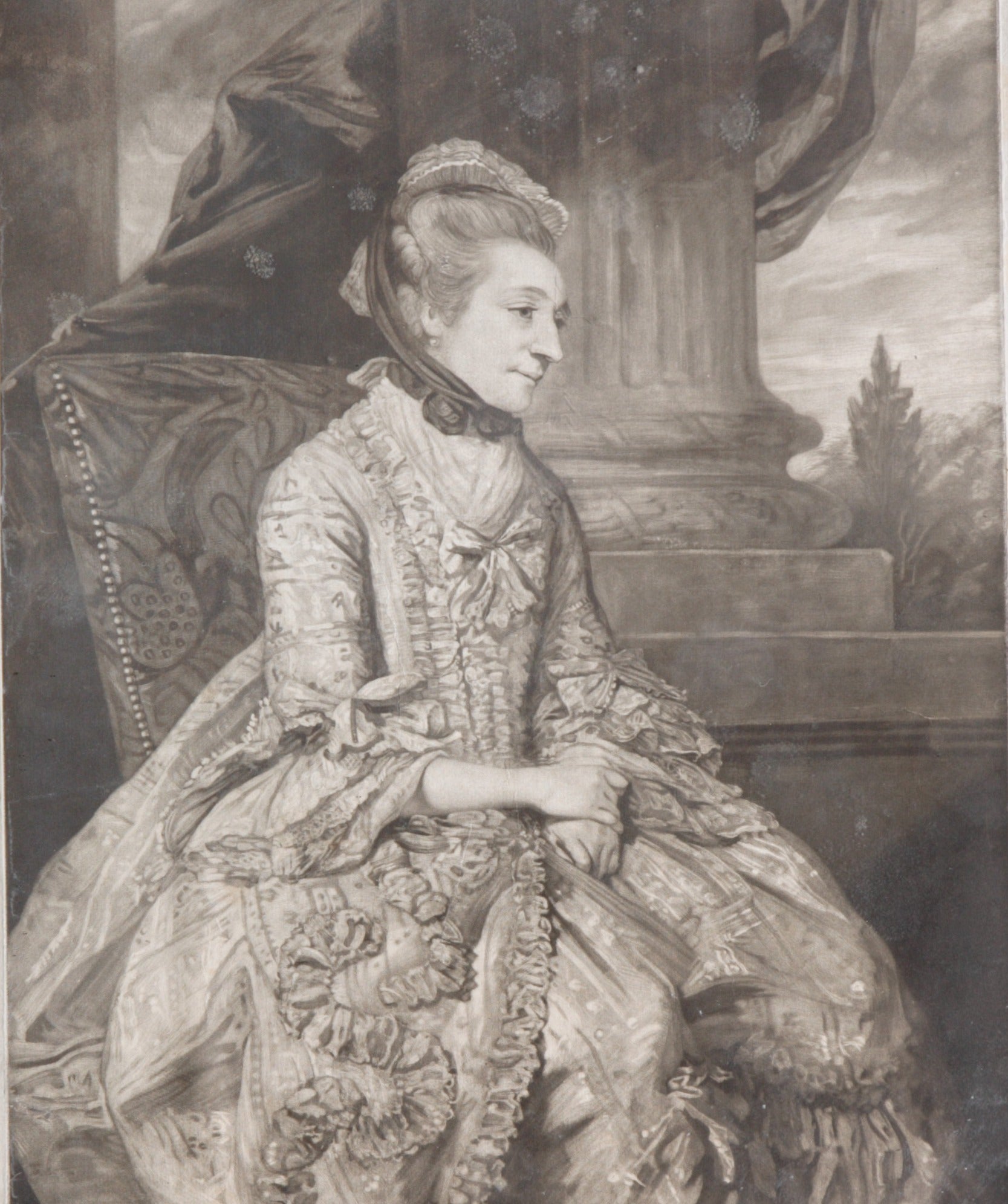 Print, mezzotint, Elizabeth Robinson, Mrs Edward Montagu (1720-1800) (after Sir Joshua Reynolds) by John Raphael Smith (Derby 1752 – Worcester 1812). From an original owned by His Grace the Lord Primate of Ireland (sold at auction by Christies on December 7 1899; catalogue No. 80). Published 1776.