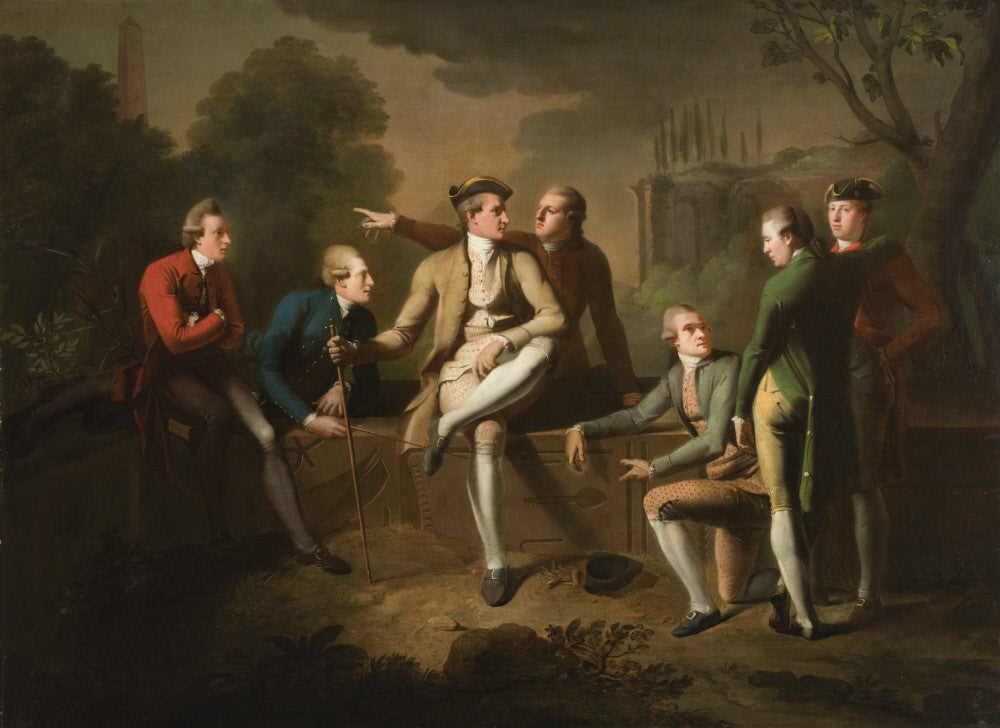 In the 18th century, the Grand Tour was considered to be the best way to complete a gentleman's education. Young aristocrats travelled to the cities of Europe, usually beginning in Paris and then moving south to Spain or Italy where they visited the ancient classical sites. In this group portrait, The Hon. John Tollemache (1750-1777), son of the 4th Earl of Dysart of Ham House poses with his friends. The setting with classical ruins is indicative of their new learning.