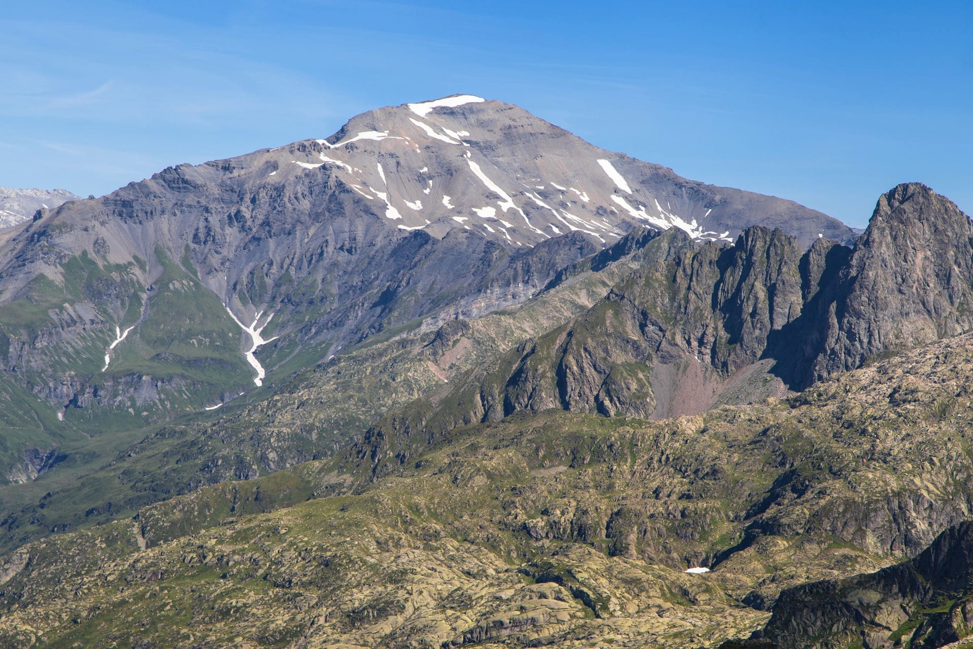 Mont Buet is shown here in Summer although it was deep snow when the party climbed.