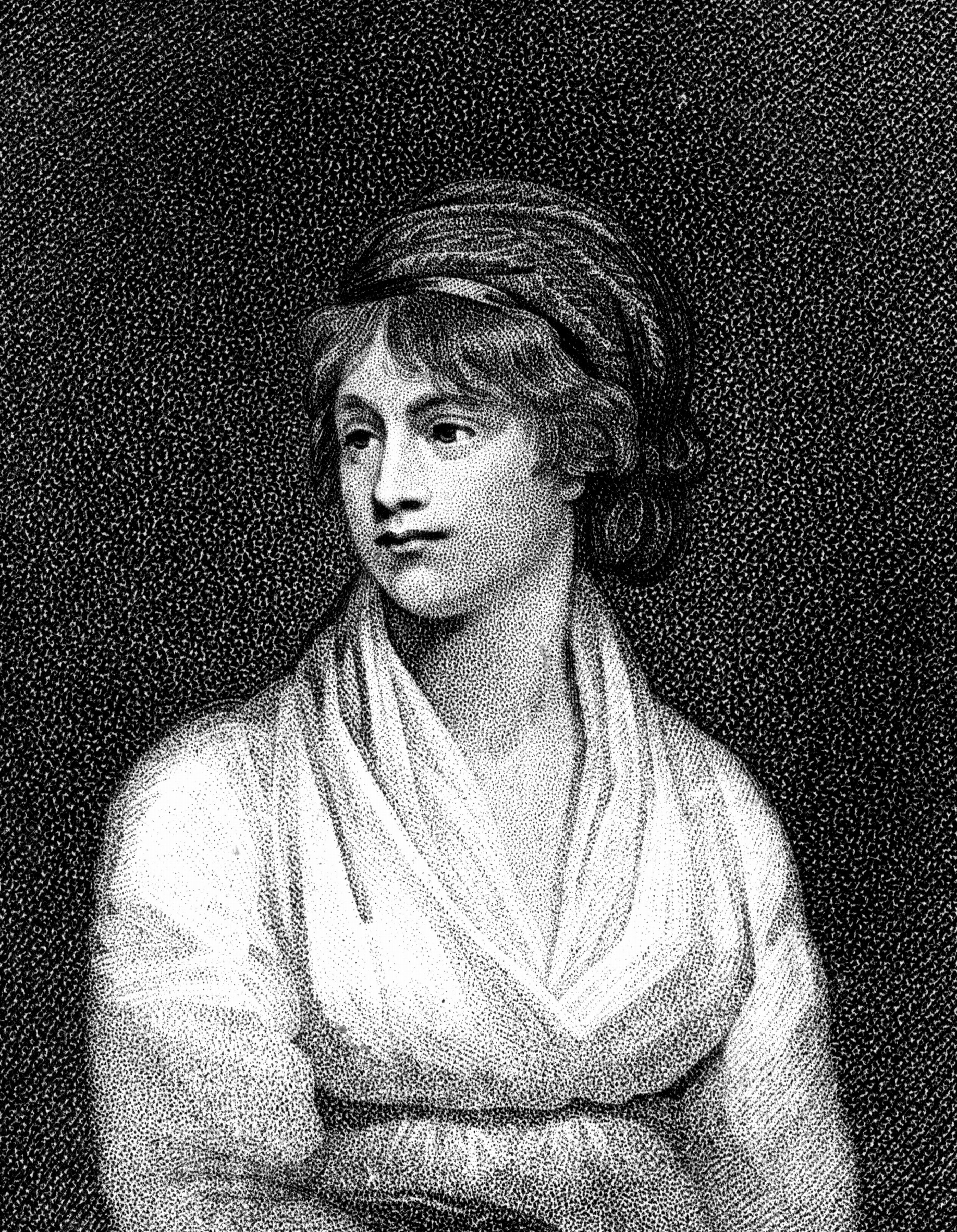 A black and white engraving of Mary Wollstonecraft