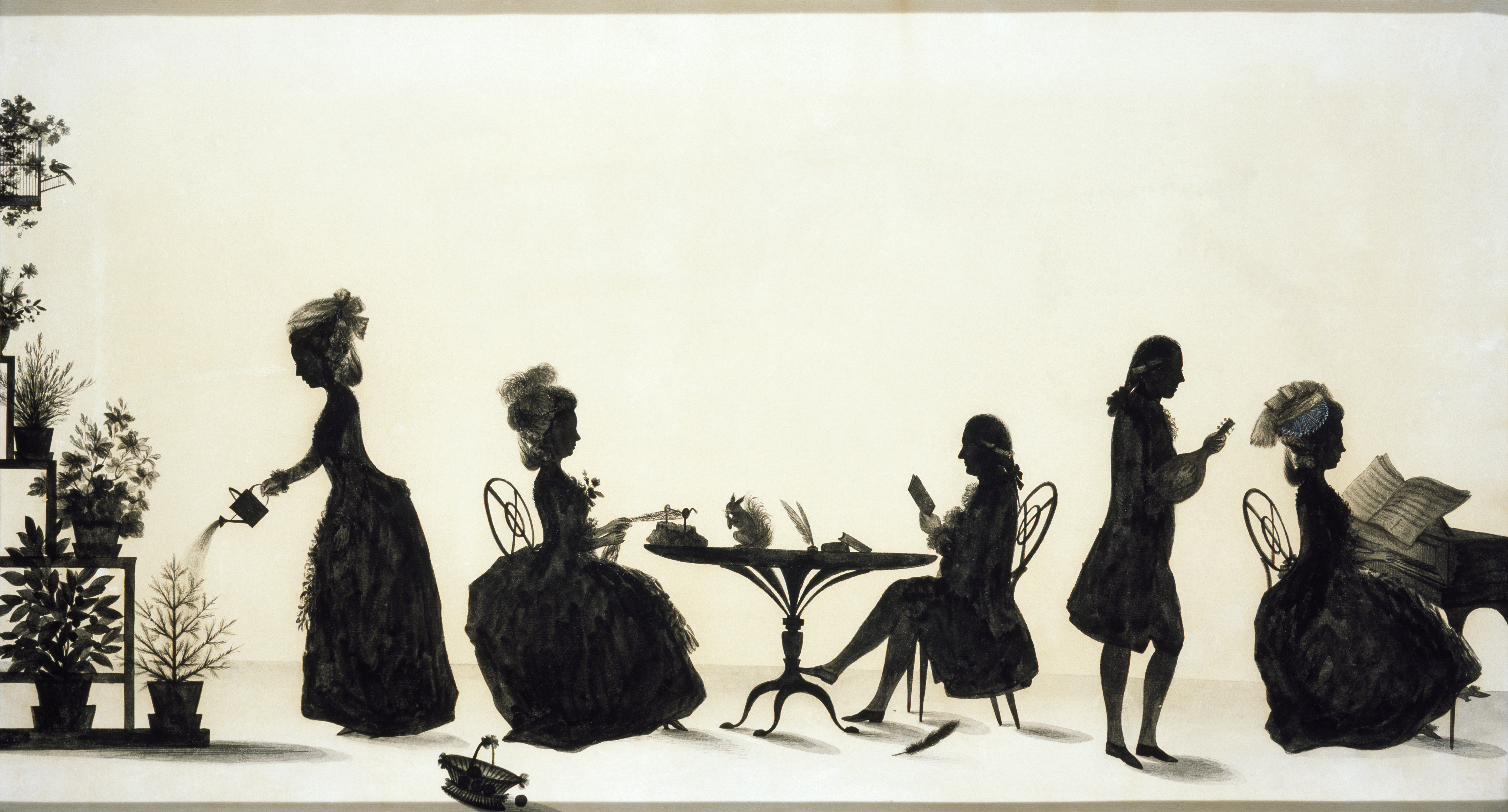 Silhouette, painted, Jane Parminter, Elizabeth Parminter, Mr Frend, John Parminter and Mrs Frend by Francis Torond (1742-1812). A Parminter family group, labelled on reverse (see D/17b) 'A family piece taken when living in Greville Street, London in the year 1783. My cousin Mrs Jane Parminter watering a stage of plants. Miss Elisabeth Parminter her sister netting - Mr Frend reading. Mr John Parminter her brother playing on a mandolin and Mrs Frend her sister playing on the Harpsichord'. Painted by Francis Torond (1742-1812)