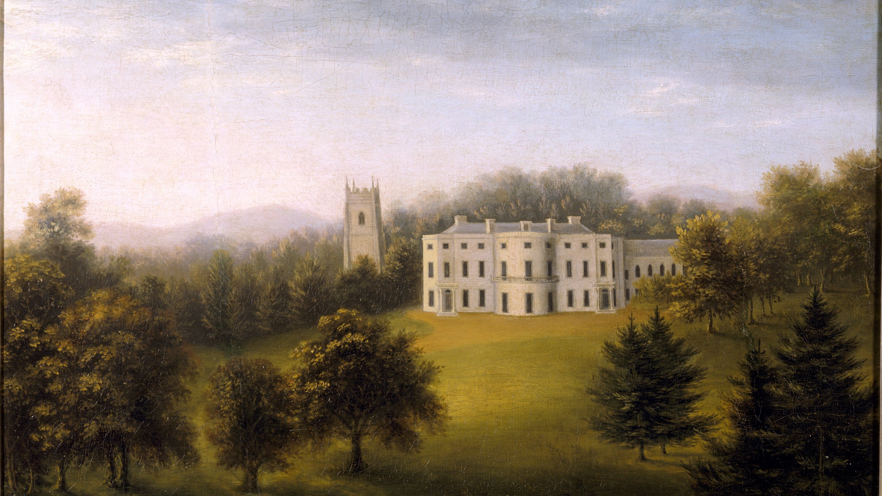 A painting, St James' Church & Old Arlington Court (1797) by Maria Pixell, at Arlington Court, Devon