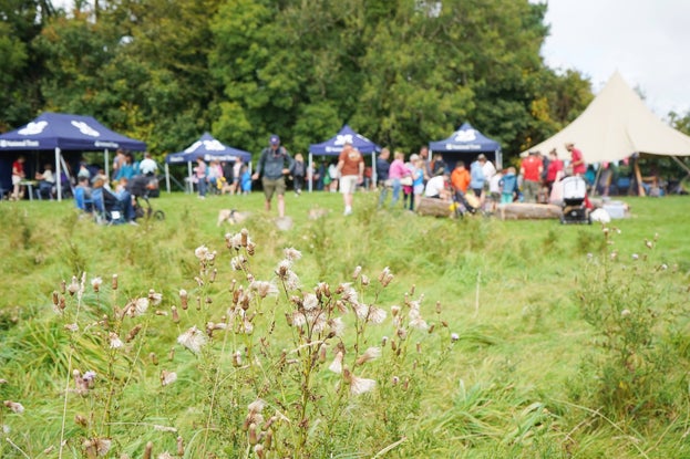 A field with gazebos and groups of people in the background