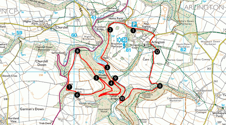 Map of 11km cycle route at Arlington Court taking in Woolley Woods and Arlington Court