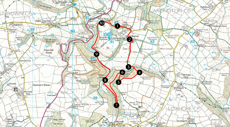 Map of a cycling route around Arlington Court