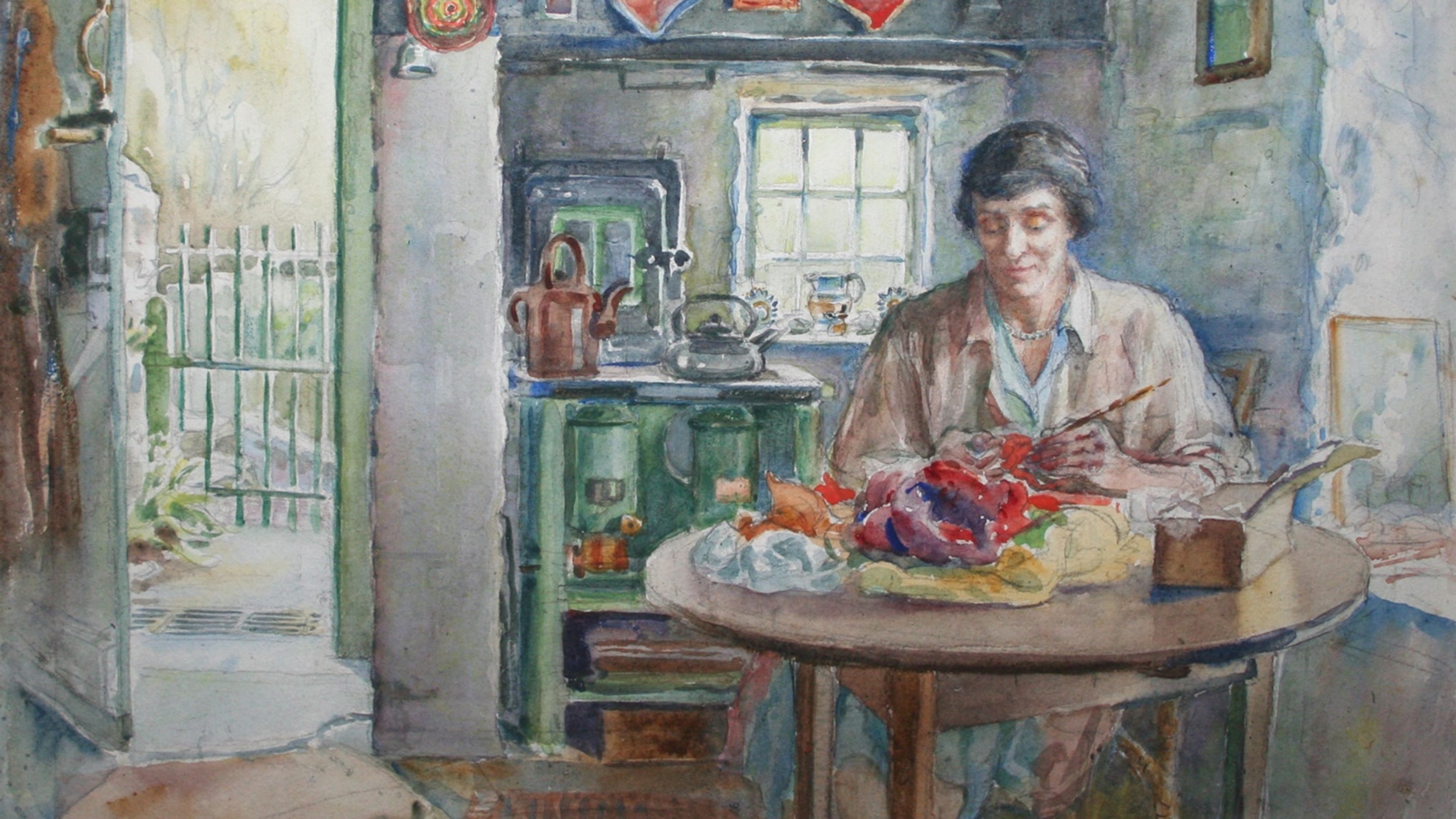Painting of Judith Ackland in an artist cabin in front of a fireplace with lots of objects.