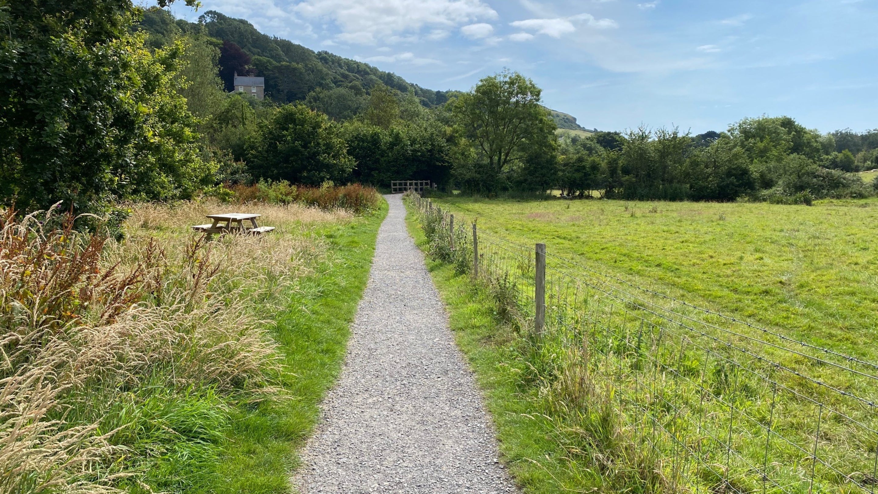 gravel footpath leading through countryside with a picnic table