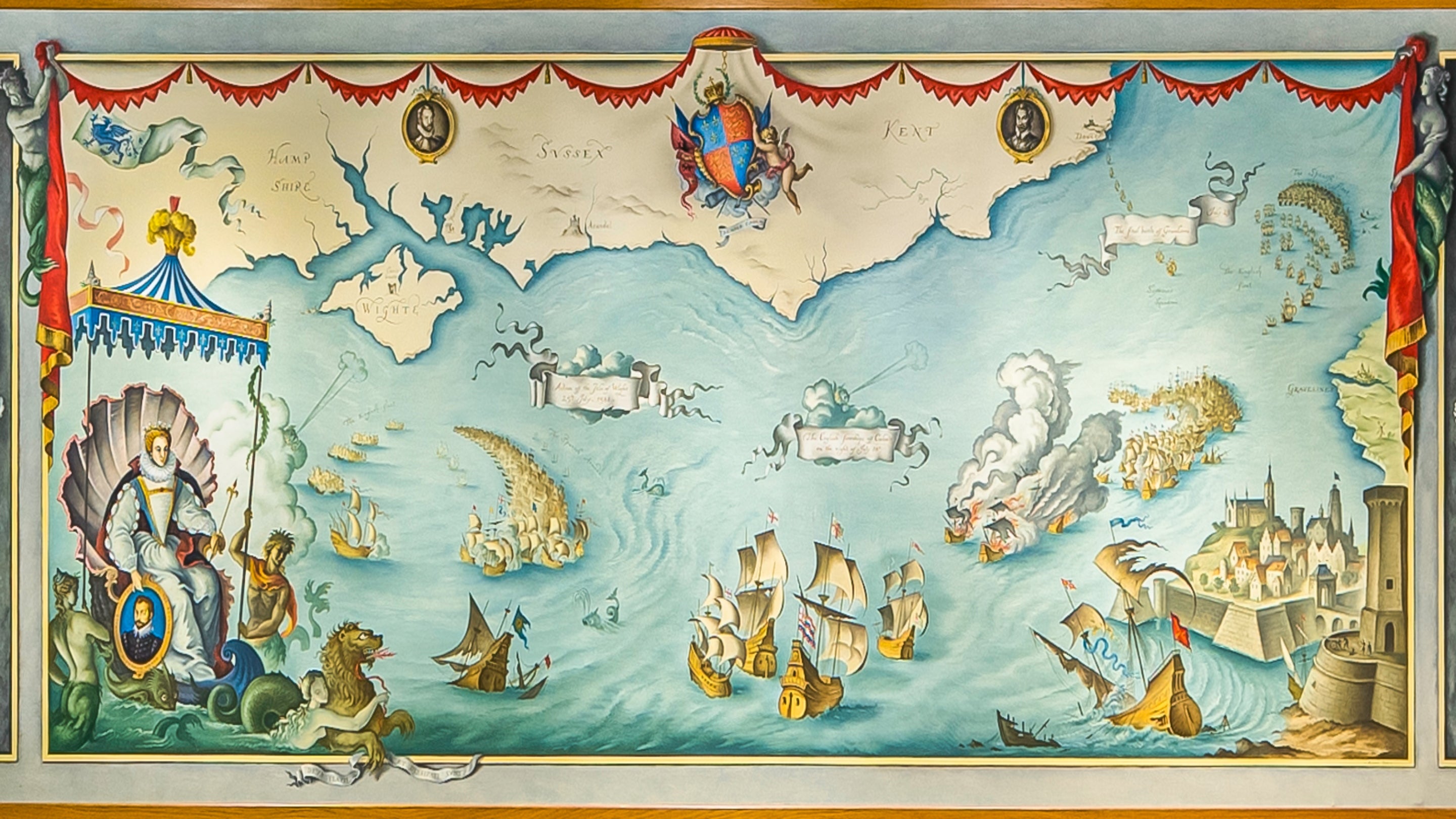 A mural depicting the Armada and the south east coast of England