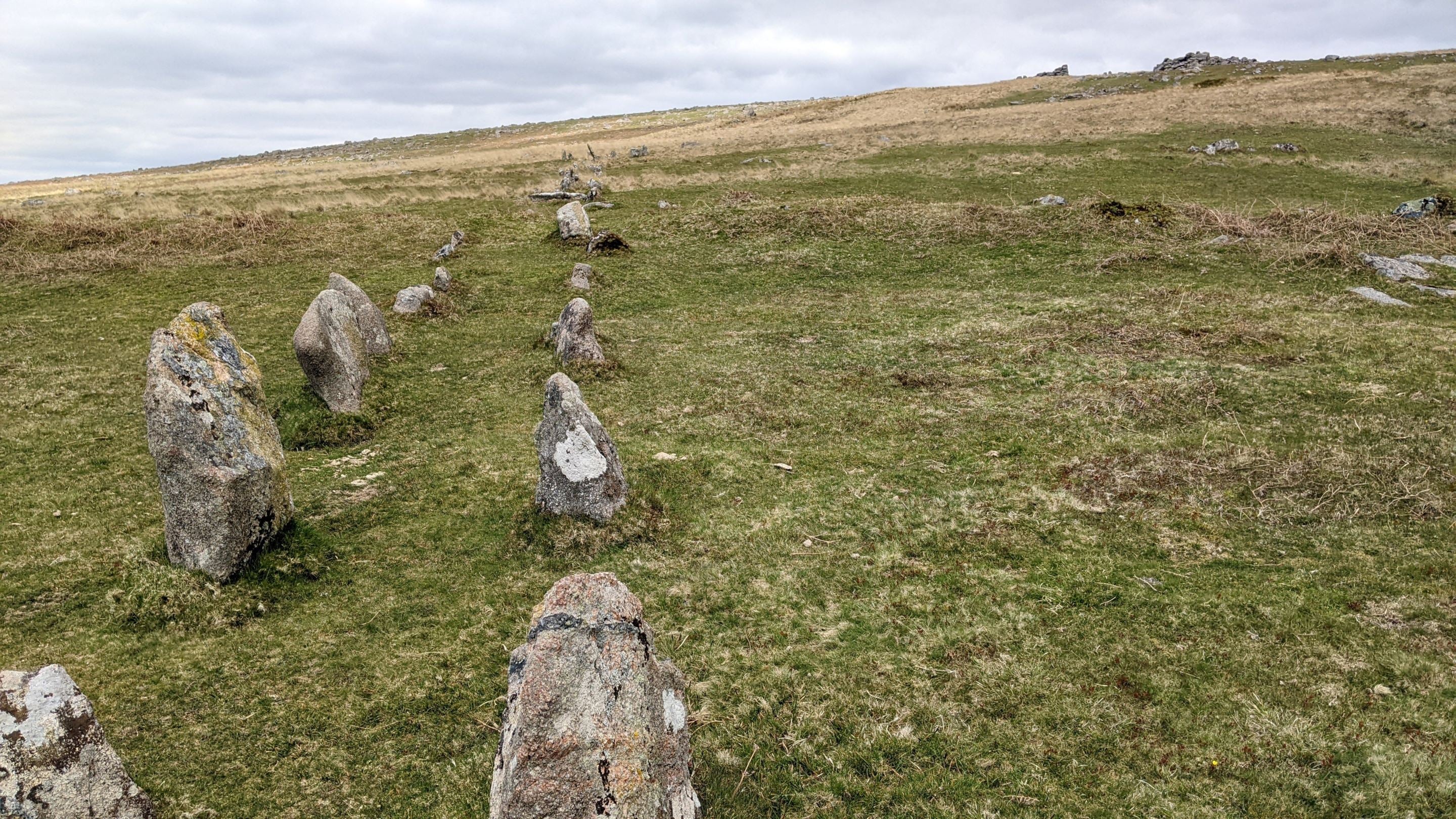 Double stone row on the southern slope of Great Trowlesworthy Tor, Dartmoor, Devon