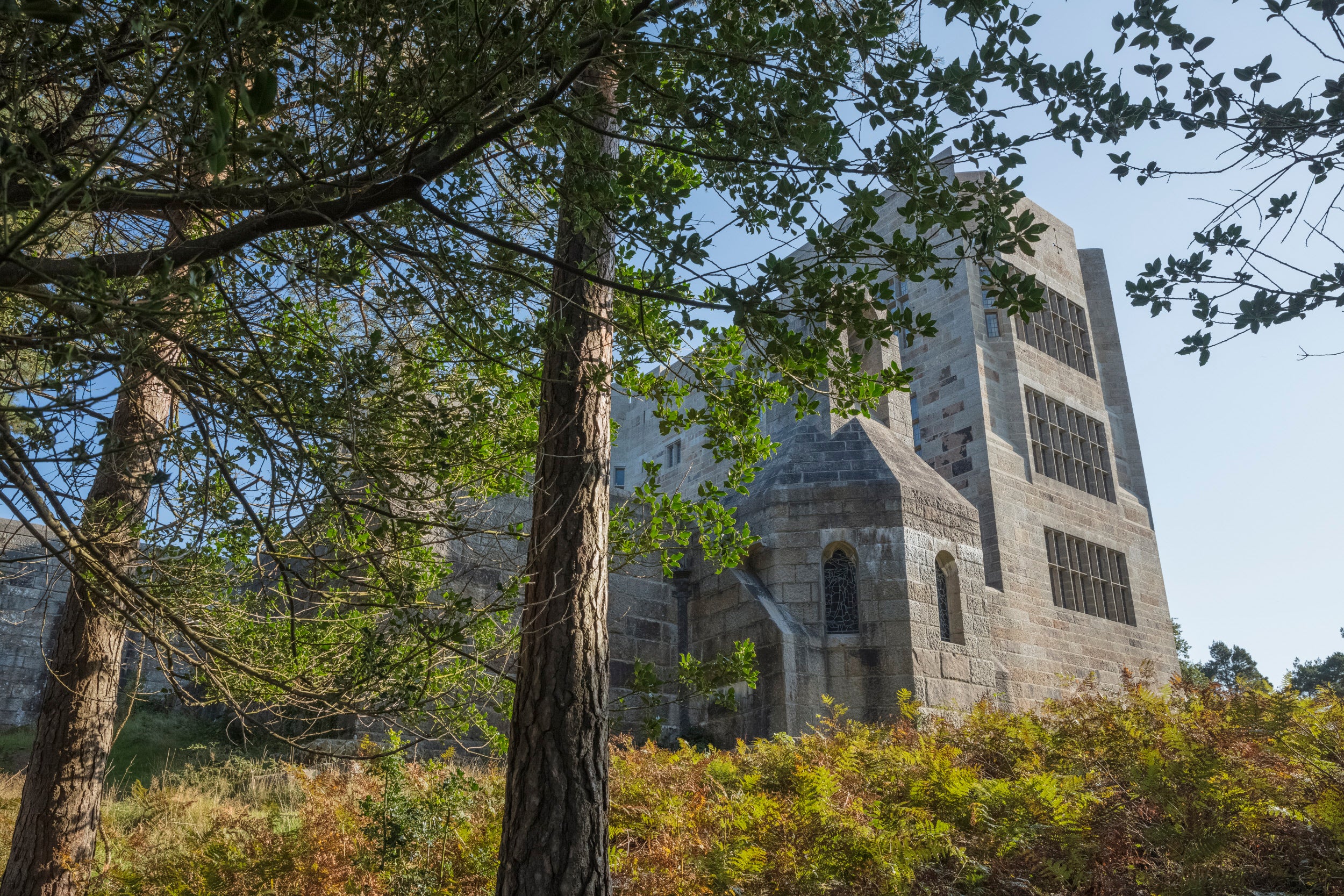 Exterior of Castle Drogo, looking up through the fir trees