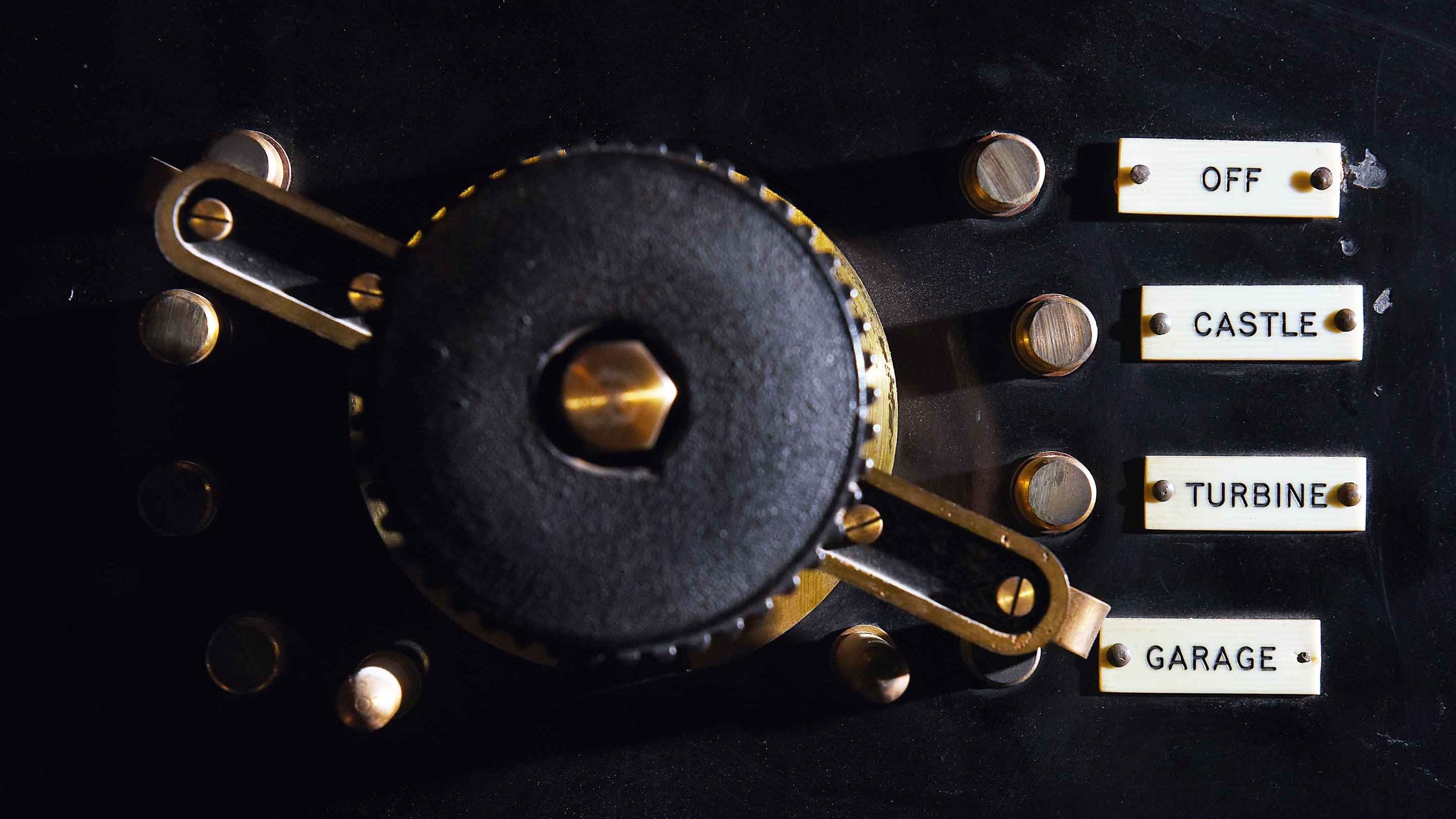 Close up of the levers and dials in the Switchroom at Castle Drogo, Devon