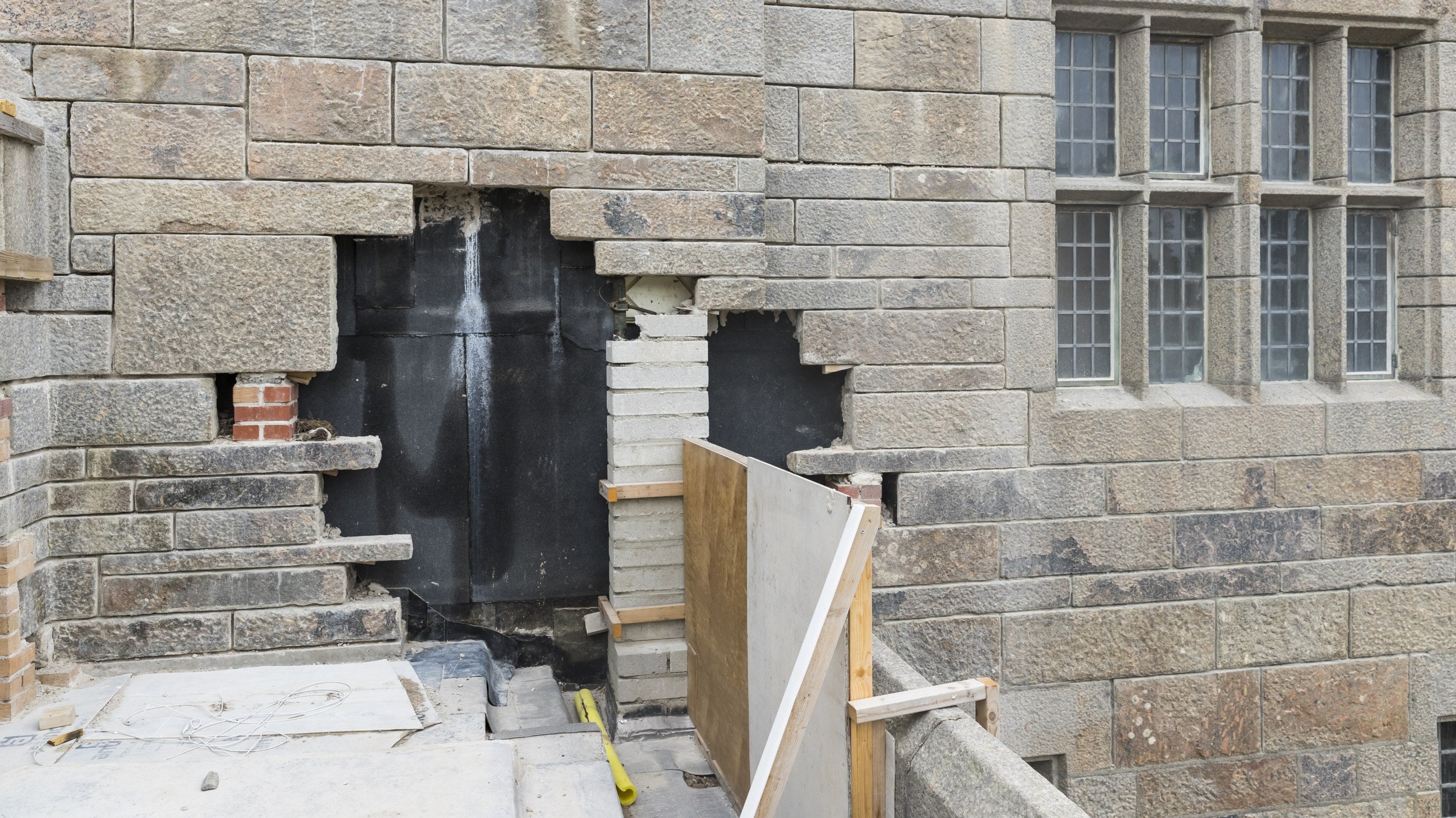 The conservation project showing granite blocks removed from the walls at Castle Drogo, Devon