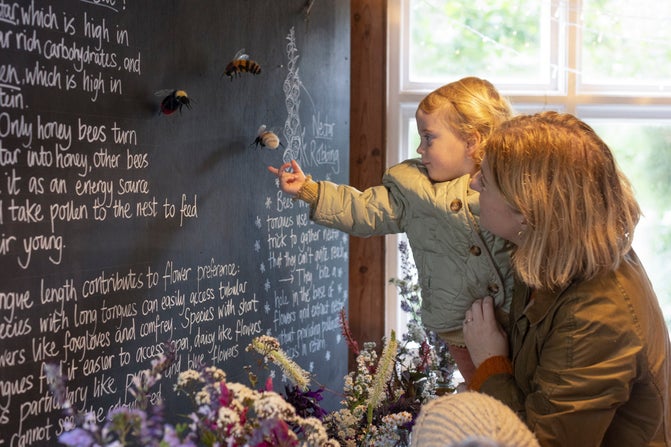 A mother and child doing an activity with the blackboard in the luncheon house at Castle Drogo, Devon.