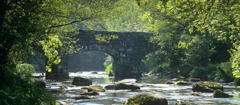 Fingle Bridge seen from the Fisherman's Path at Castle Drogo, Devon