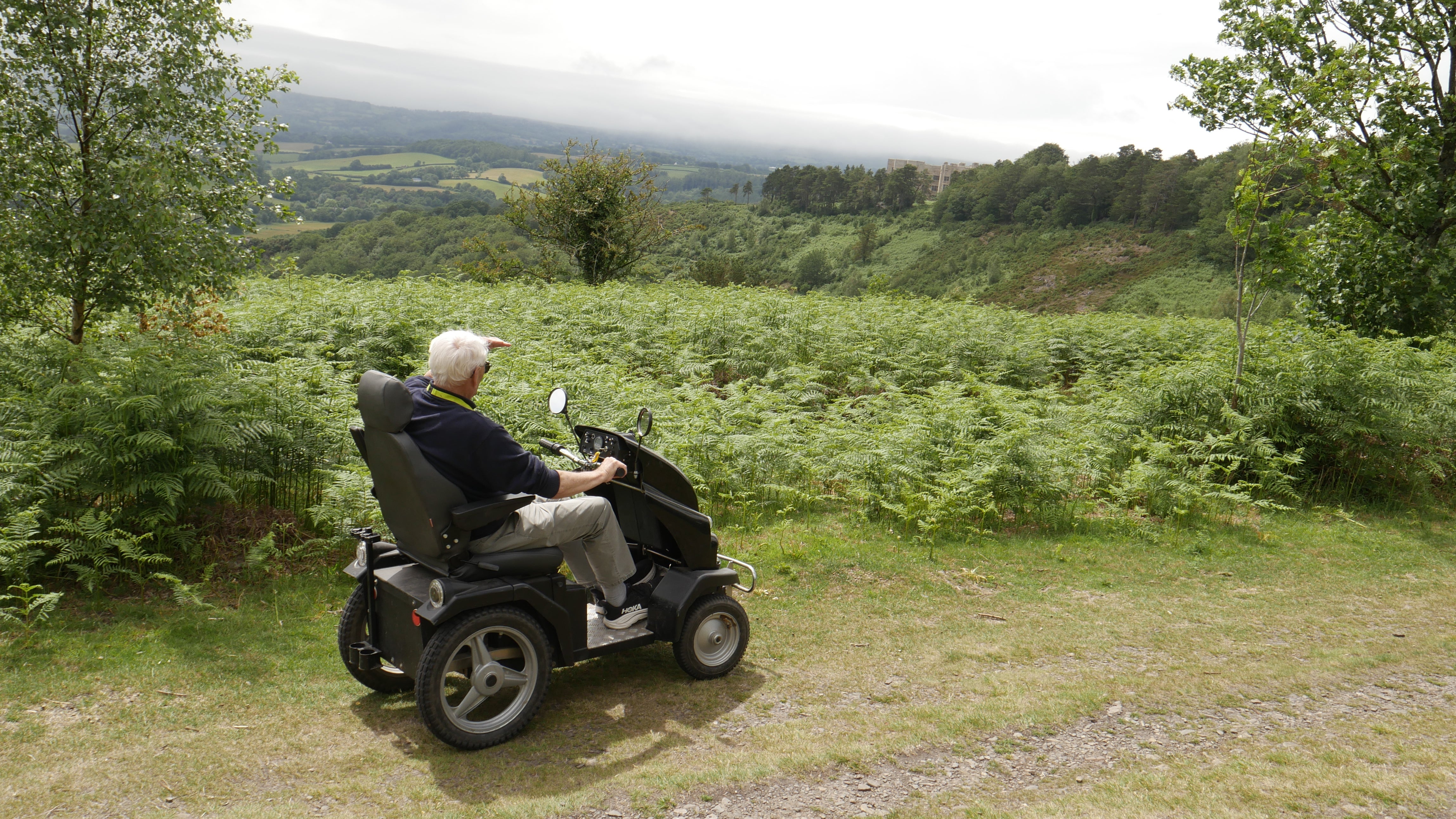 Man in a blue polo shirt  driving the Tramper on a grassy path with bracken in the background ad a view over Dartmoor