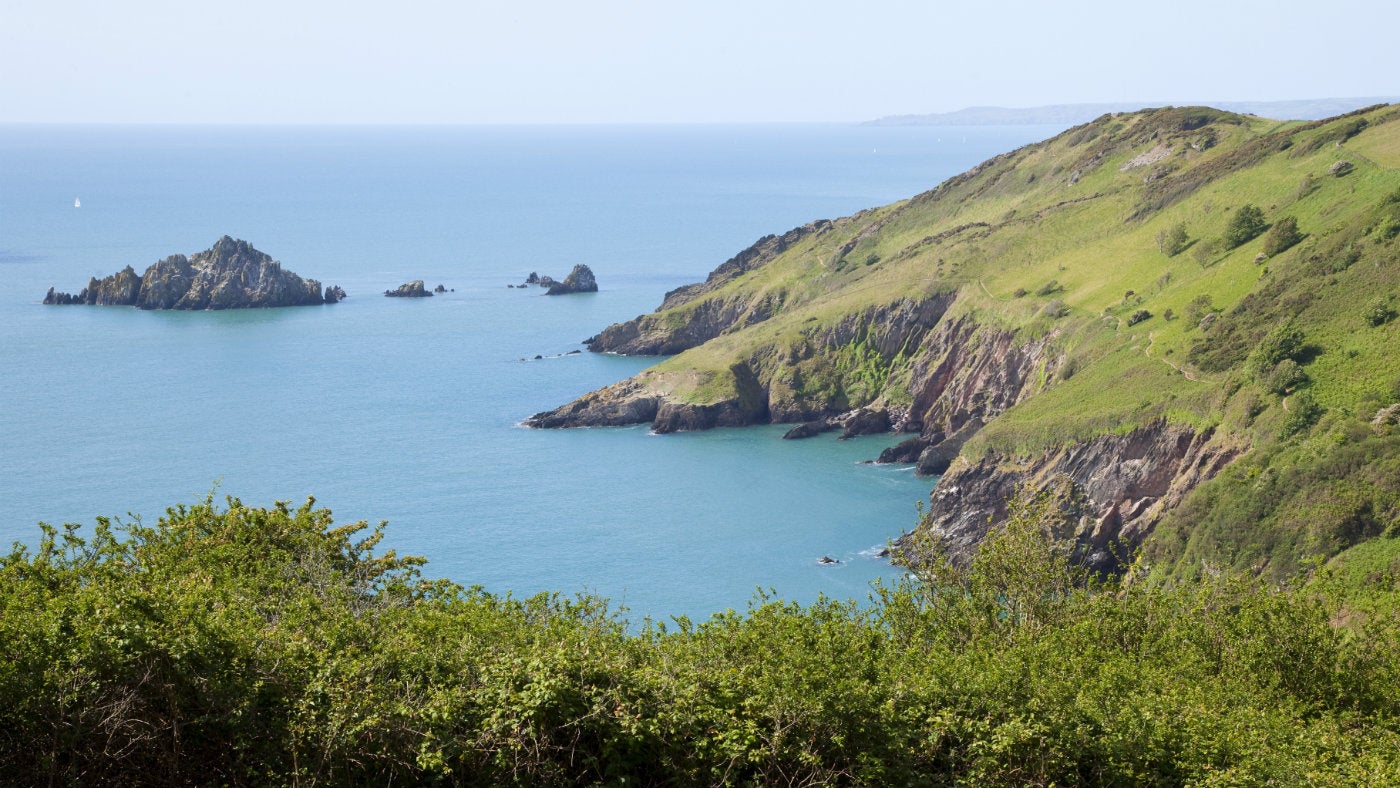 The view of the Mewstone from the top of Coleton Fishacre garden